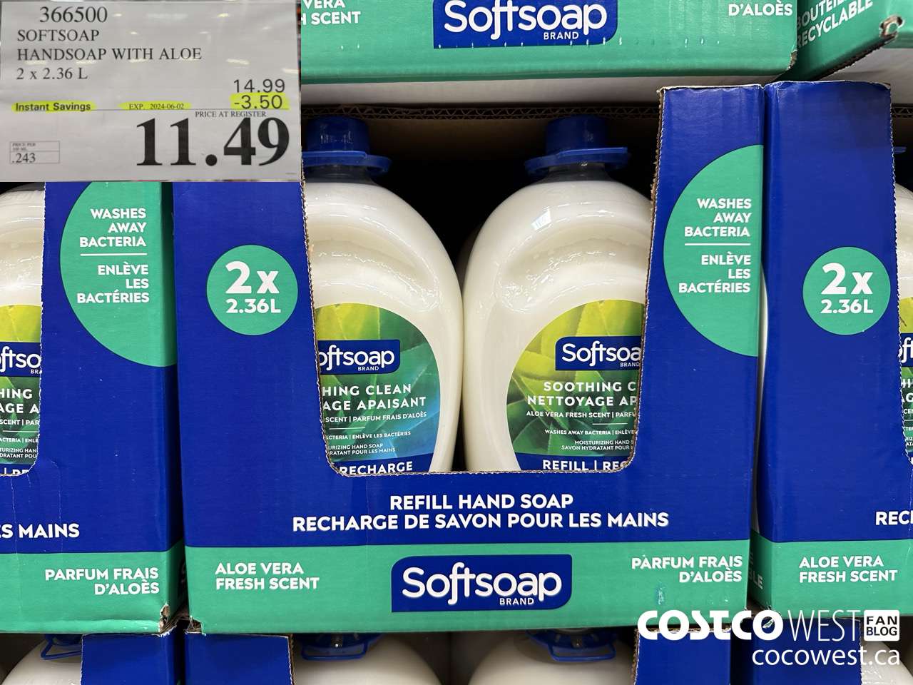 366500 SOFTSOAP HANDSOAP WITH ALOE 2 X 2.36L ($3.50 INSTANT SAVINGS EXPIRES ON 2024-06-02) $11.49