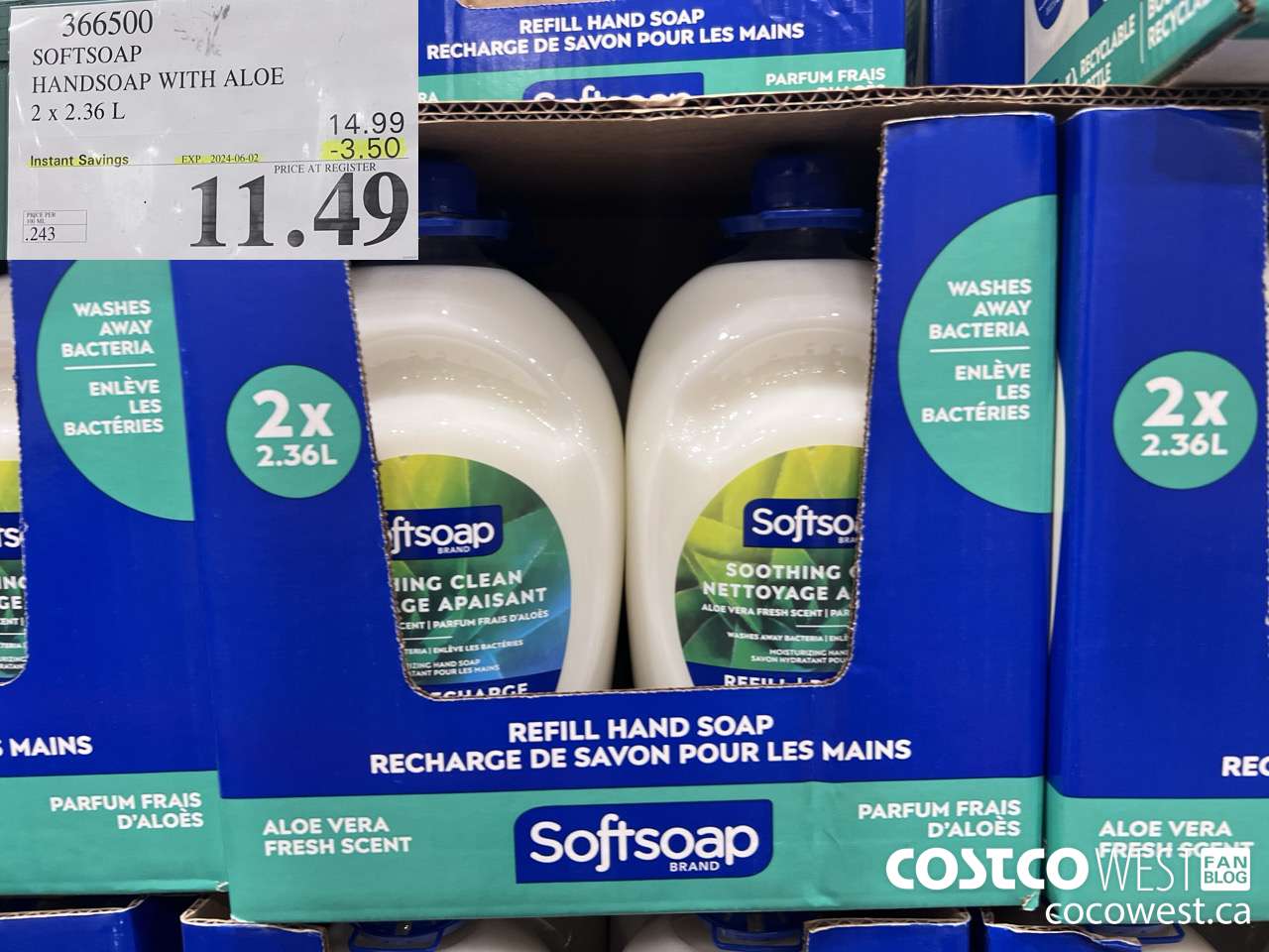 366500 SOFTSOAP HANDSOAP WITH ALOE 2 X 2.36L ($3.50 INSTANT SAVINGS EXPIRES ON 2024-06-02) $11.49