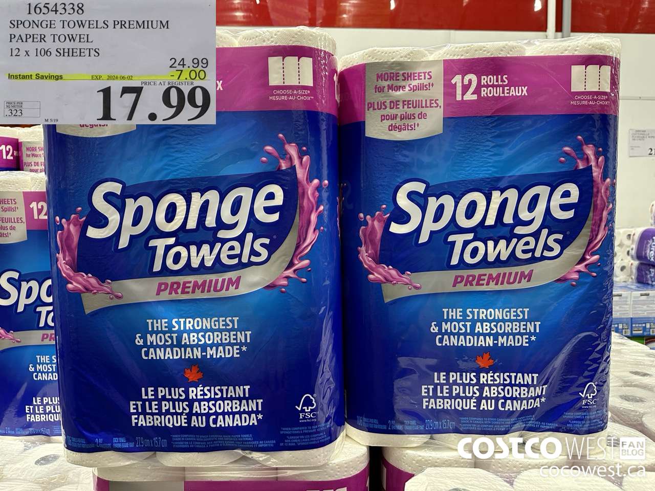 1654338 SPONGE TOWELS PREMIUM PAPER TOWEL 12 X 106 SHEETS ($7.00 INSTANT SAVINGS EXPIRES ON 2024-06-02) $17.99