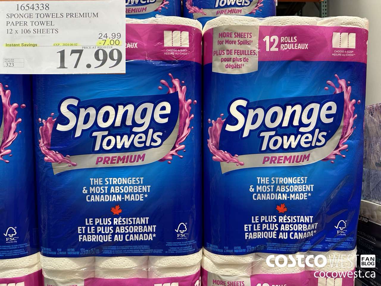 1654338 SPONGE TOWELS PREMIUM PAPER TOWEL 12 X 106 SHEETS ($7.00 INSTANT SAVINGS EXPIRES ON 2024-06-02) $17.99