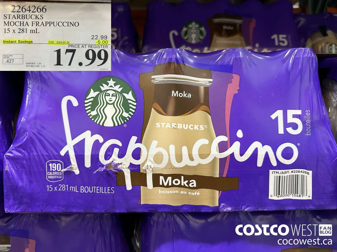 2264266 STARBUCKS MOCHA FRAPPUCINO 15 X 281 ML ($5.00 INSTANT SAVINGS EXPIRES ON 2024-05-26) $17.99