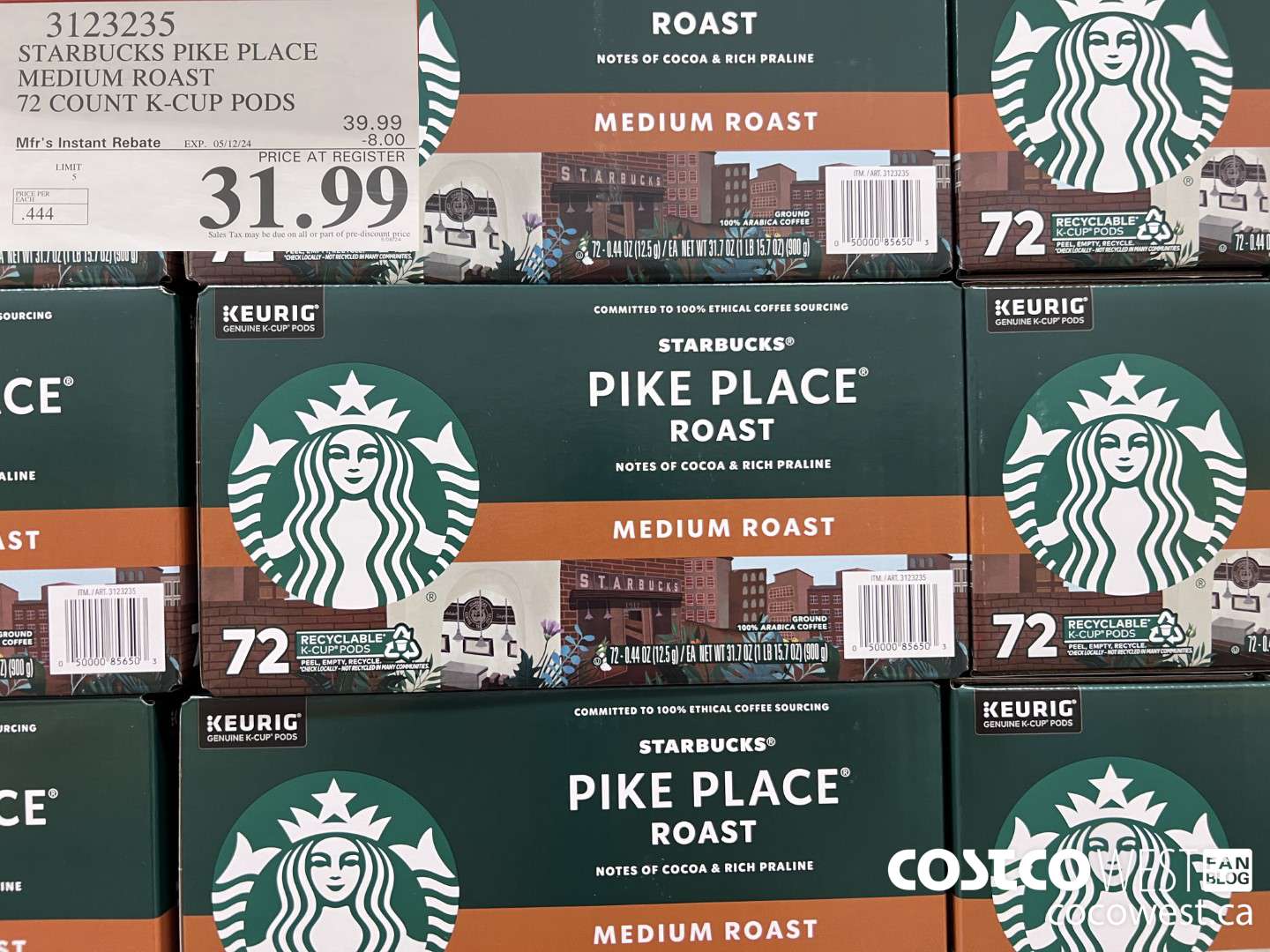 3123235 STARBUCKS PIKE PLACE MEDIUM ROAST 72 COUNT K-CUP PODS ($8.00 INSTANT SAVINGS EXPIRES ON 2024-05-12) $31.99