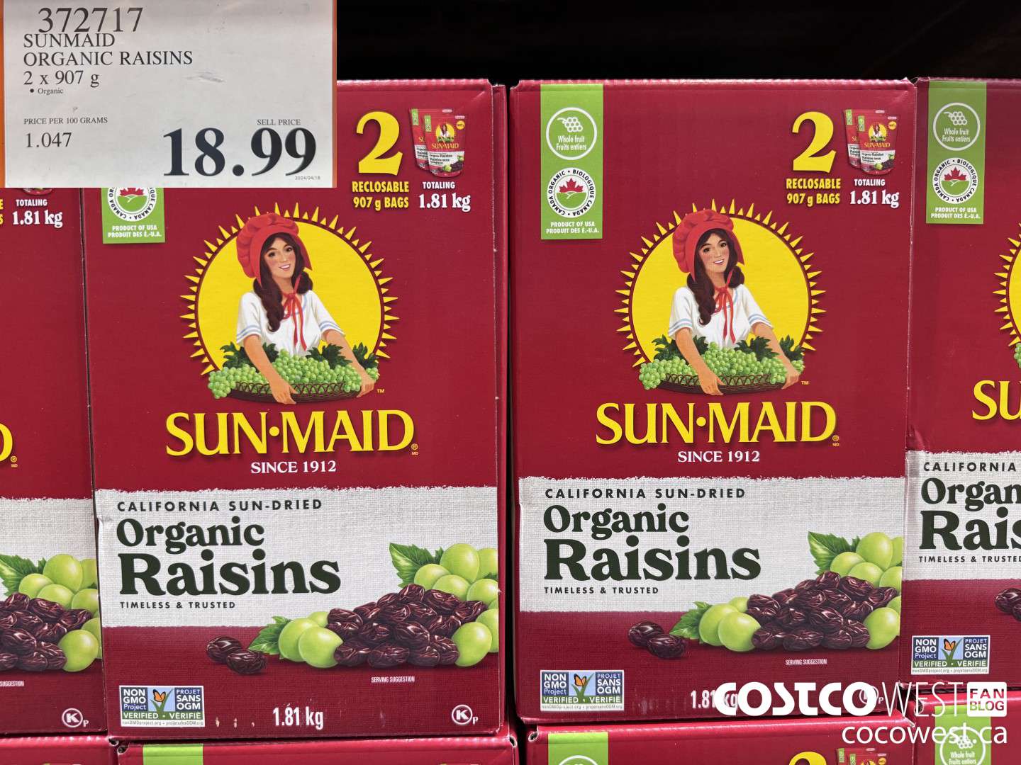 372717 SUNMAID ORGANIC RAISINS 2 X 907 G $18.99
