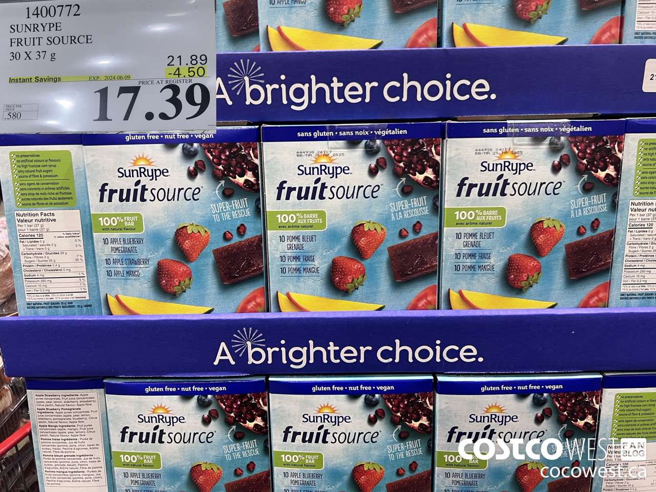 1400772 SUNRYPE FRUIT SOURCE 30 X 37 G ($4.50 INSTANT SAVINGS EXPIRES ON 2024-06-09) $17.39