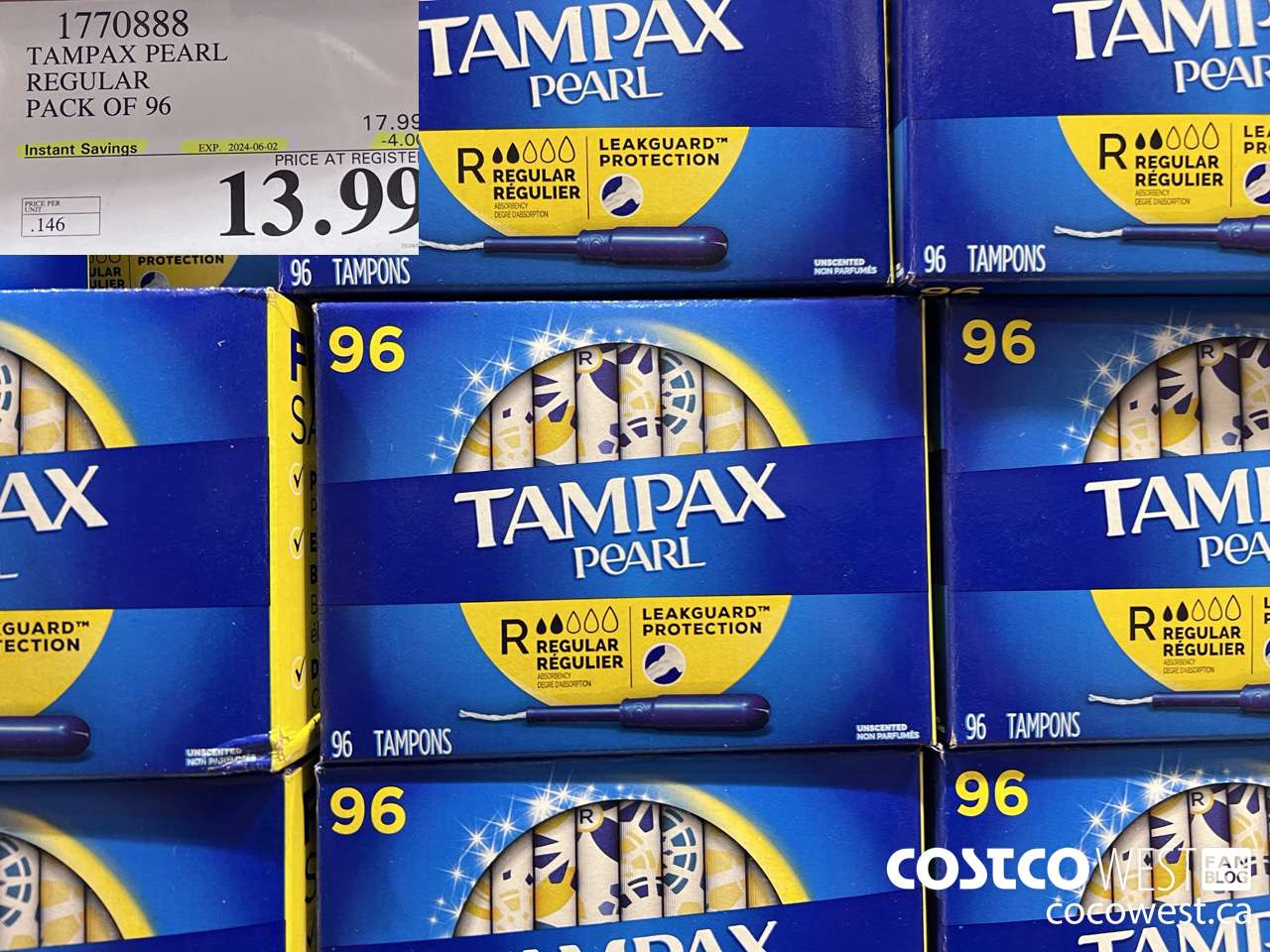 1770888 TAMPAX PEARL REGULAR PACK OF 96 ($4.00 INSTANT SAVINGS EXPIRES ON 2024-06-02) $13.99