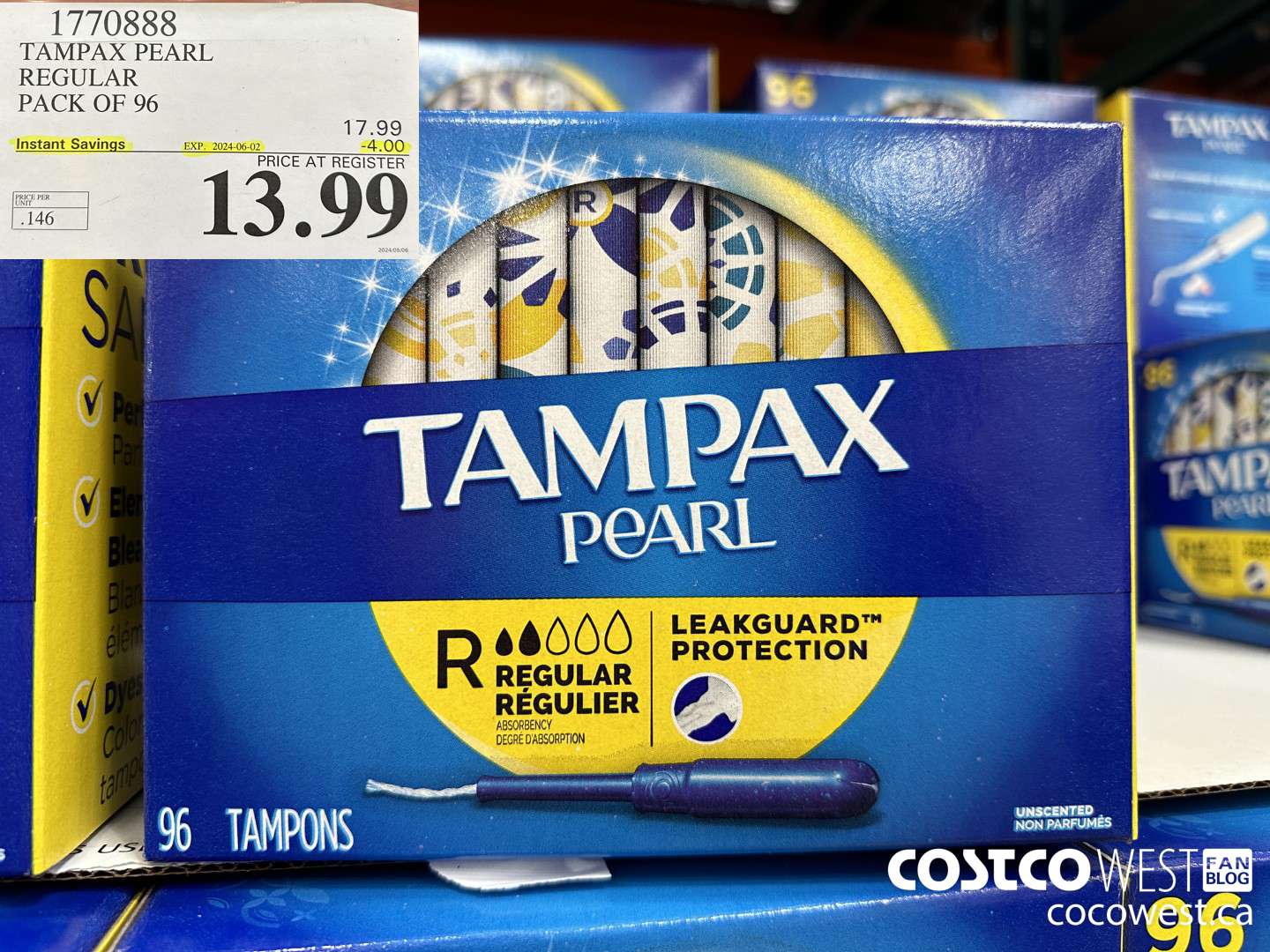 1770888 TAMPAX PEARL REGULAR PACK OF 96 ($4.00 INSTANT SAVINGS EXPIRES ON 2024-06-02) $13.99