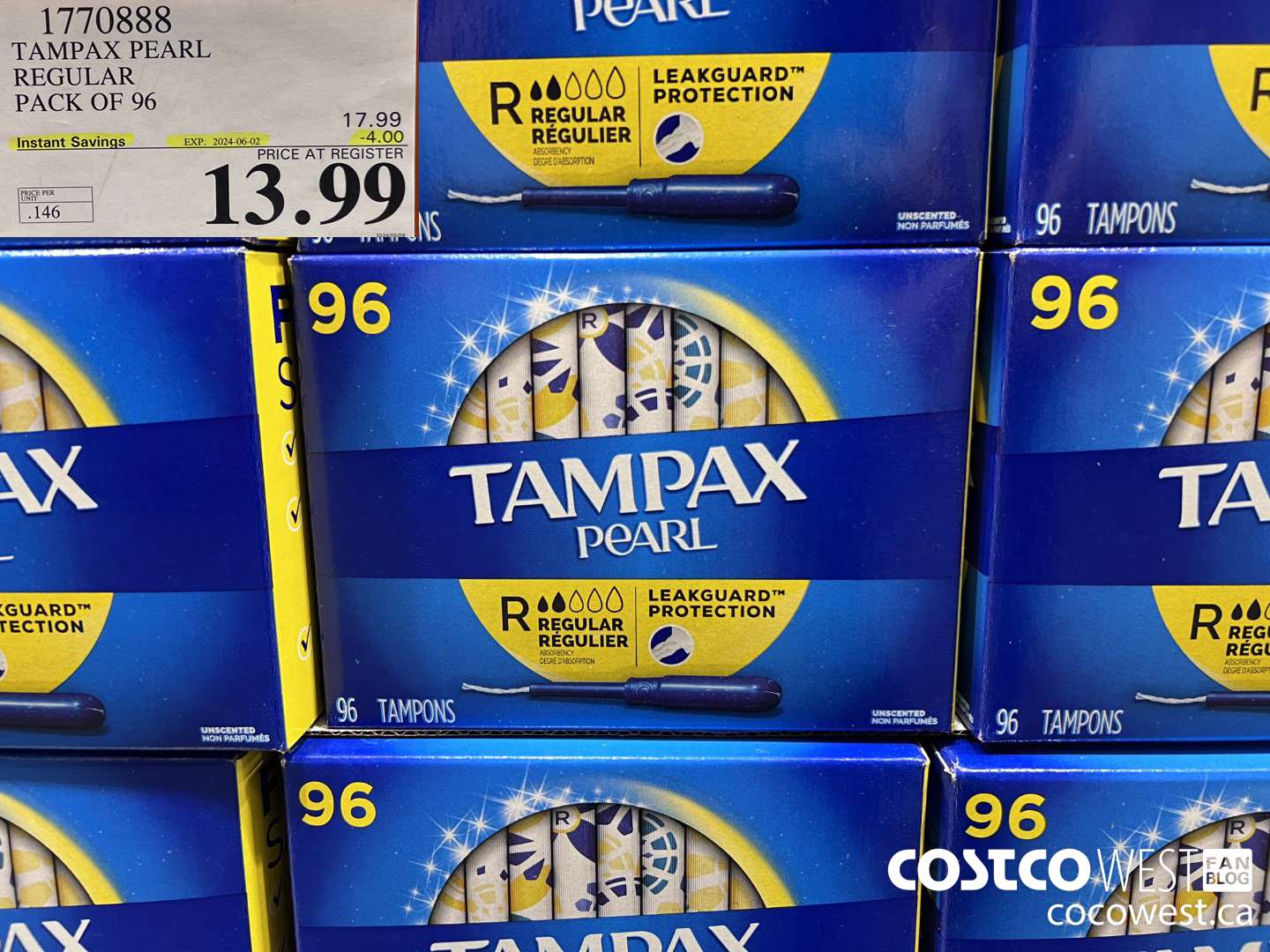 1770888 TAMPAX PEARL REGULAR PACK OF 96 ($4.00 INSTANT SAVINGS EXPIRES ON 2024-06-02) $13.99