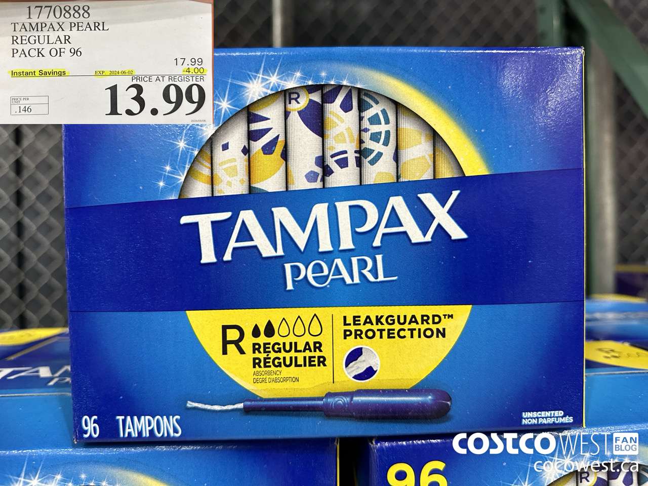 1770888 TAMPAX PEARL REGULAR PACK OF 96 ($4.00 INSTANT SAVINGS EXPIRES ON 2024-06-02) $13.99