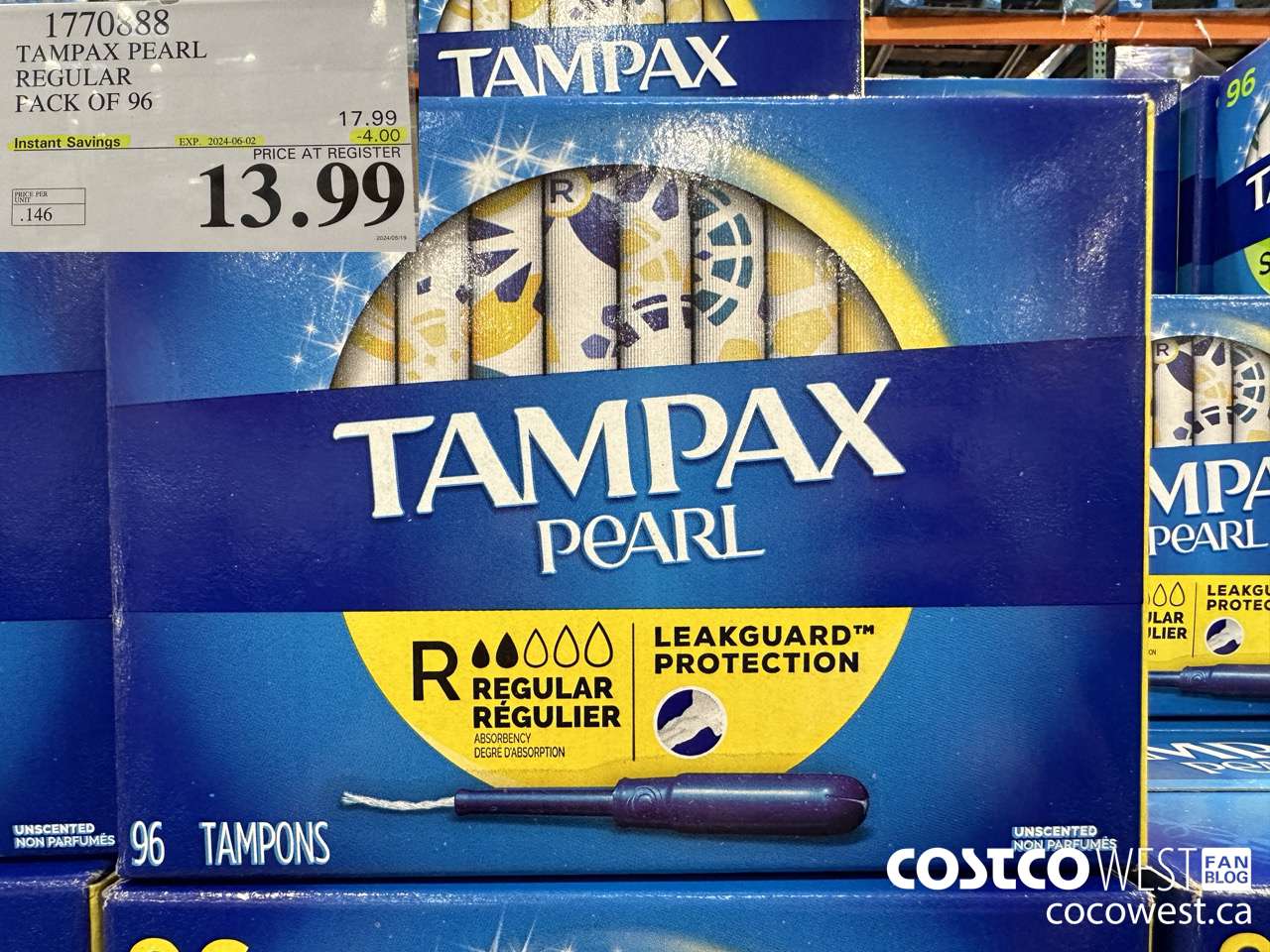 1770888 TAMPAX PEARL REGULAR PACK OF 96 ($4.00 INSTANT SAVINGS EXPIRES ON 2024-06-02) $13.99