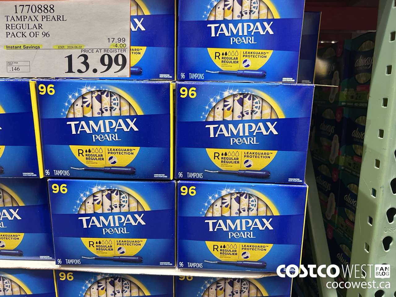 1770888 TAMPAX PEARL REGULAR PACK OF 96 ($4.00 INSTANT SAVINGS EXPIRES ON 2024-06-02) $13.99
