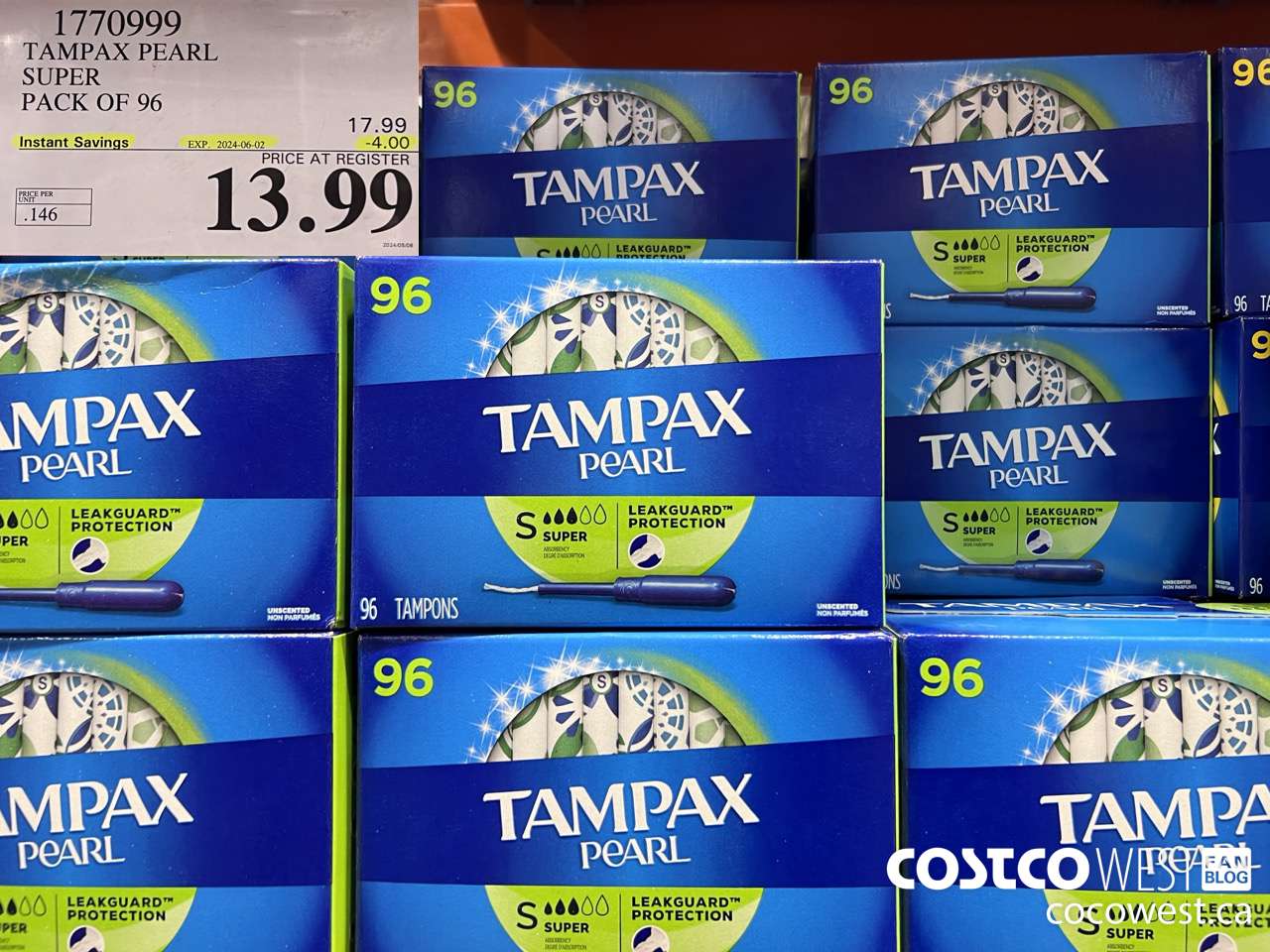 1770999 TAMPAX PEARL SUPER PACK OF 96 ($4.00 INSTANT SAVINGS EXPIRES ON 2024-06-02) $13.99