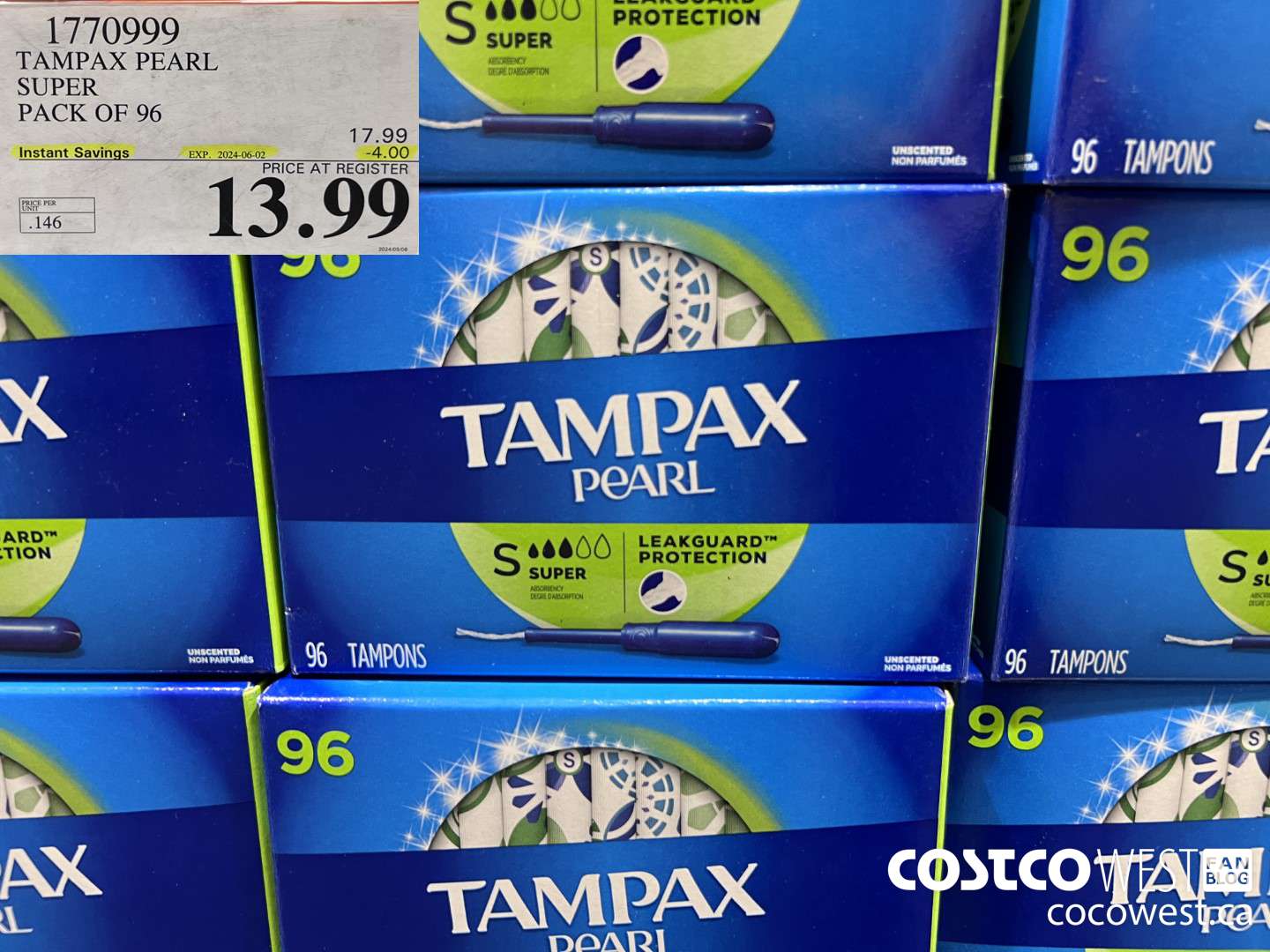 1770999 TAMPAX PEARL SUPER PACK OF 96 ($4.00 INSTANT SAVINGS EXPIRES ON 2024-06-02) $13.99