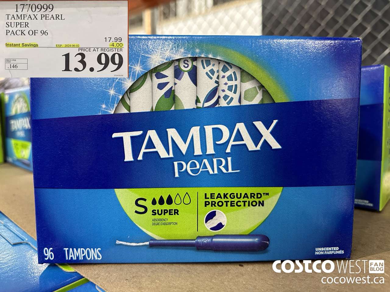 1770999 TAMPAX PEARL SUPER PACK OF 96 ($4.00 INSTANT SAVINGS EXPIRES ON 2024-06-02) $13.99