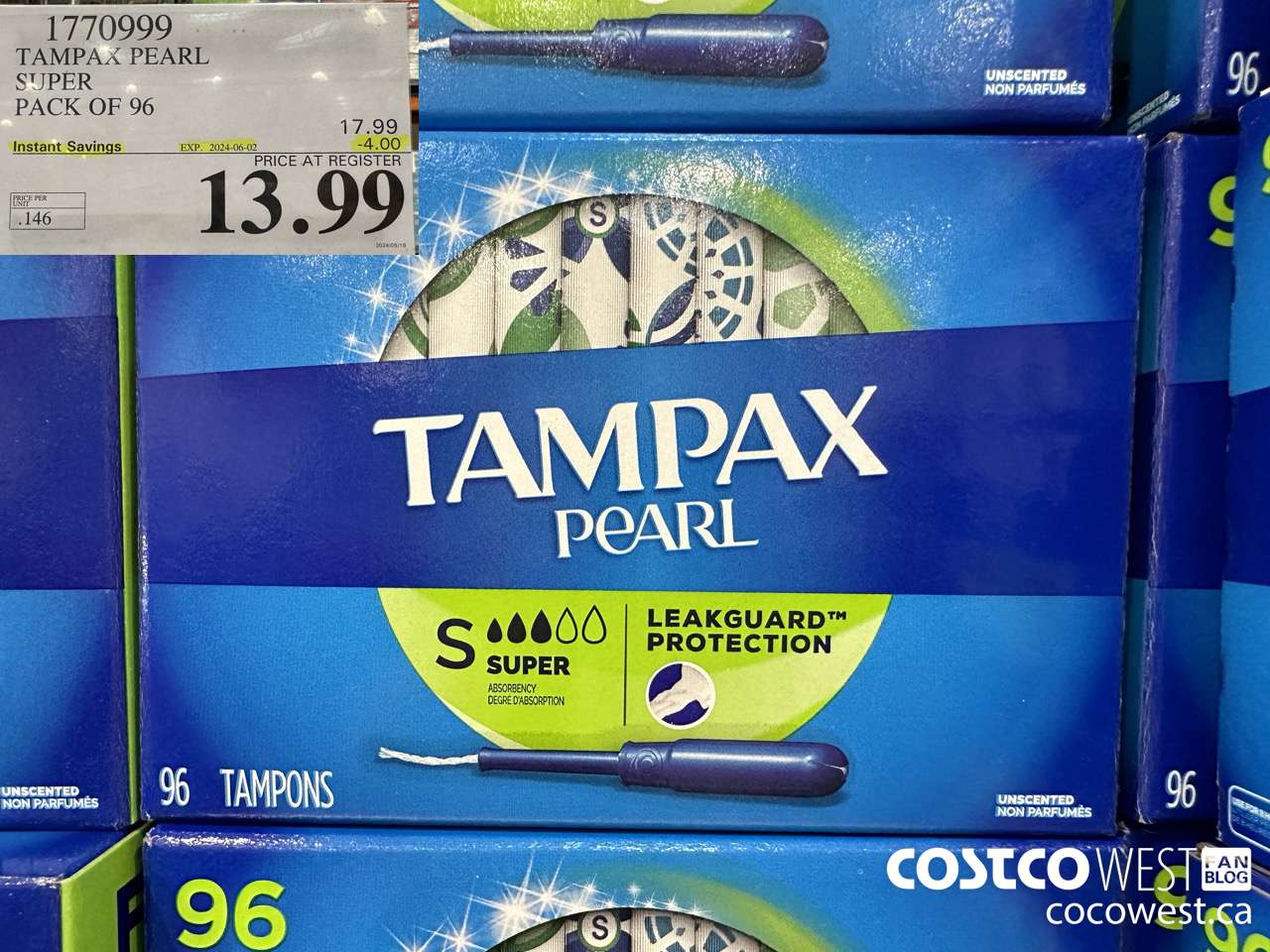 1770999 TAMPAX PEARL SUPER PACK OF 96 ($4.00 INSTANT SAVINGS EXPIRES ON 2024-06-02) $13.99