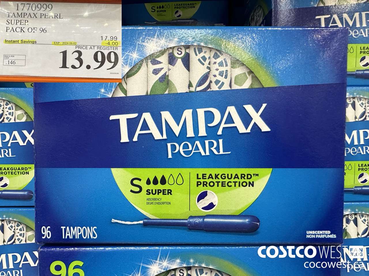 1770999 TAMPAX PEARL SUPER PACK OF 96 ($4.00 INSTANT SAVINGS EXPIRES ON 2024-06-02) $13.99