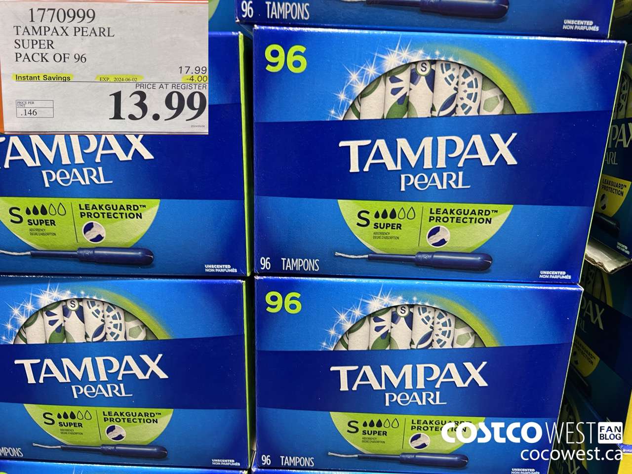 1770999 TAMPAX PEARL SUPER PACK OF 96 ($4.00 INSTANT SAVINGS EXPIRES ON 2024-06-02) $13.99
