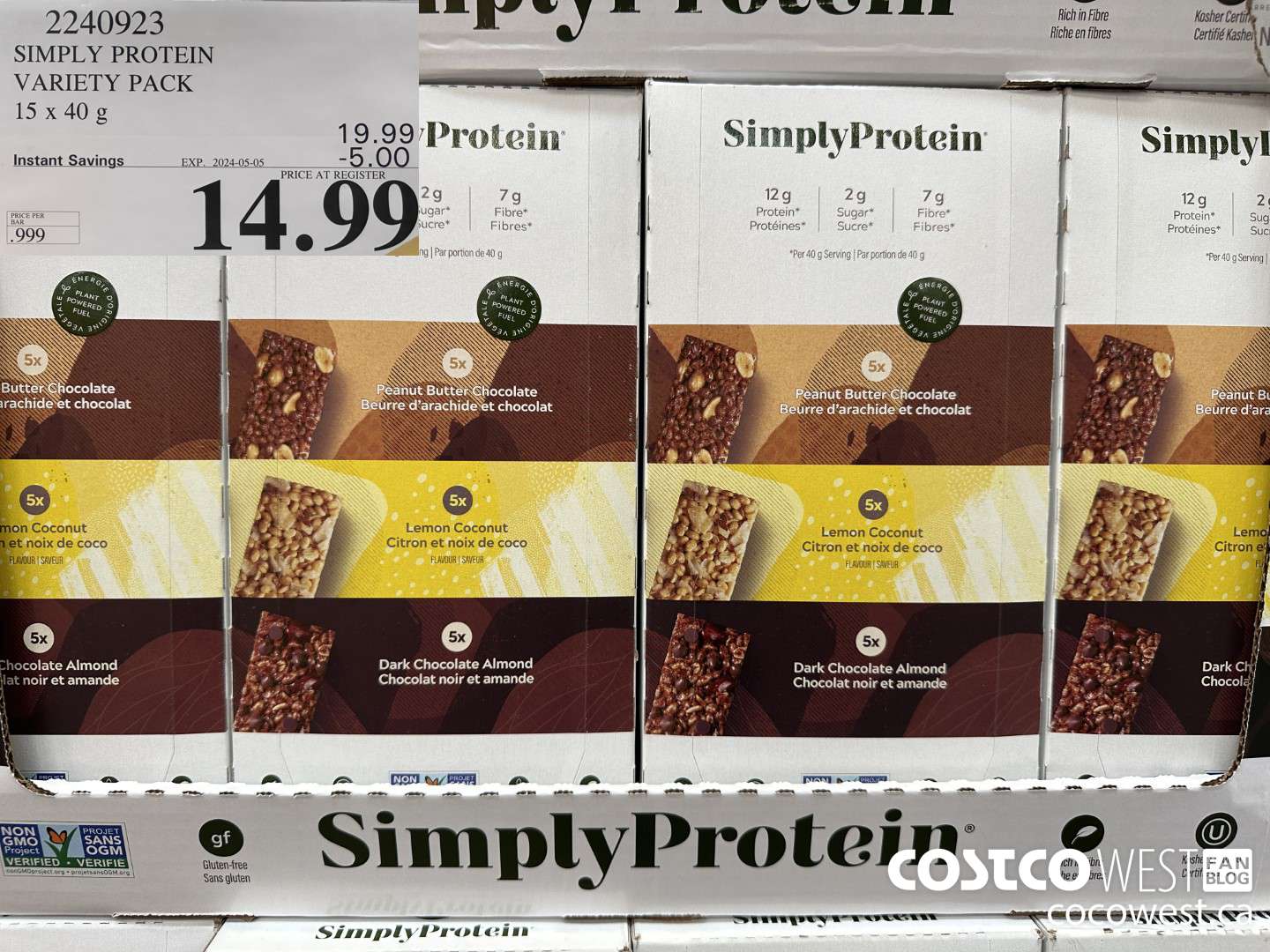 2240923 THE SIMPLY BAR PROTEIN BARS 15 x 40 g ($5.00 INSTANT SAVINGS EXPIRES ON 2024-05-05) $14.99