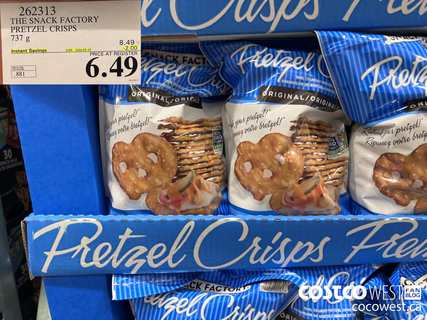 262313 THE SNACK FACTORY PRETZEL CRISPS 737 g ($2.00 INSTANT SAVINGS EXPIRES ON 2024-05-19) $6.49