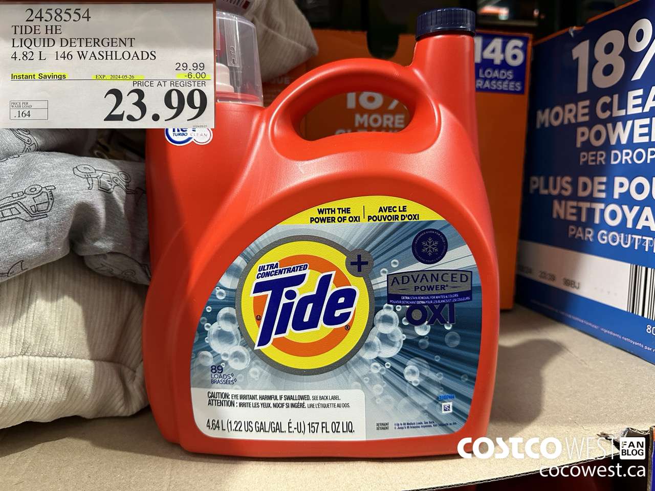 2458554 TIDE HE LIQUID DETERGENT 4.82 L 146 WASHLOADS ($6.00 INSTANT SAVINGS EXPIRES ON 2024-05-26) $23.99