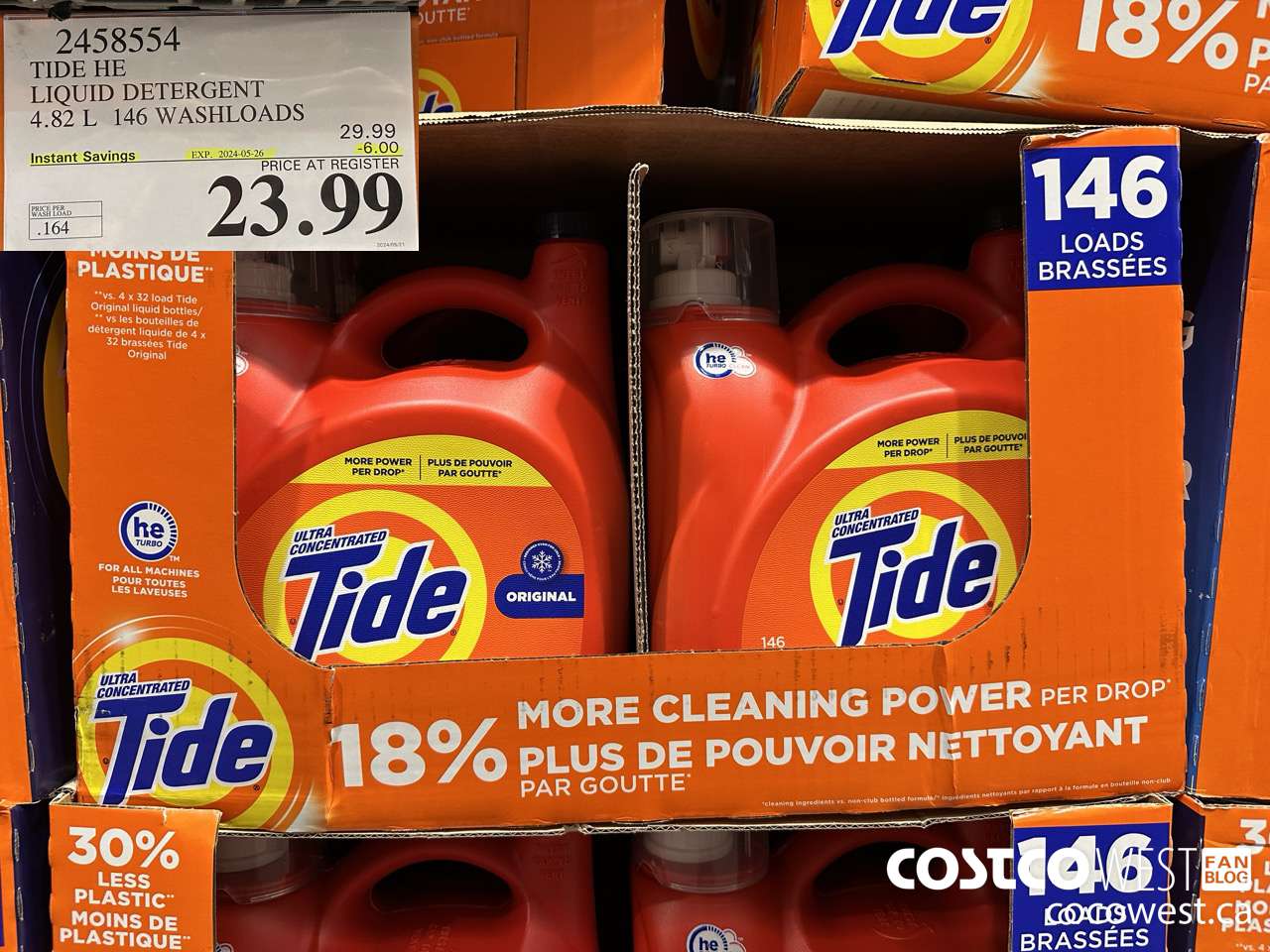 2458554 TIDE HE LIQUID DETERGENT 4.82 L 146 WASHLOADS ($6.00 INSTANT SAVINGS EXPIRES ON 2024-05-26) $23.99