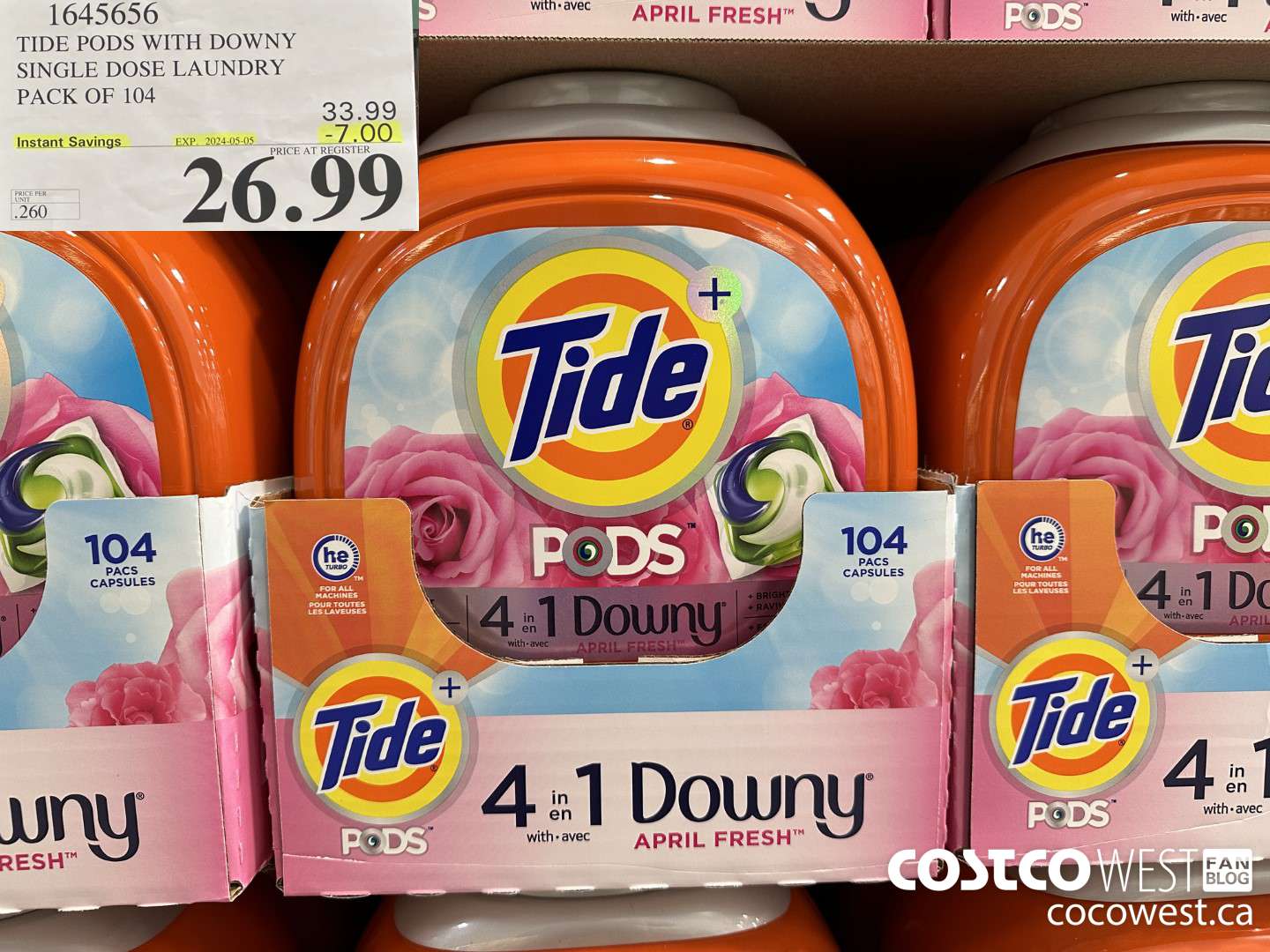 1645656 TIDE PODS WITH DOWNY SINGLE DOSE LAUNDRY 104 PACS ($7.00 INSTANT SAVINGS EXPIRES ON 2024-05-05) $26.99