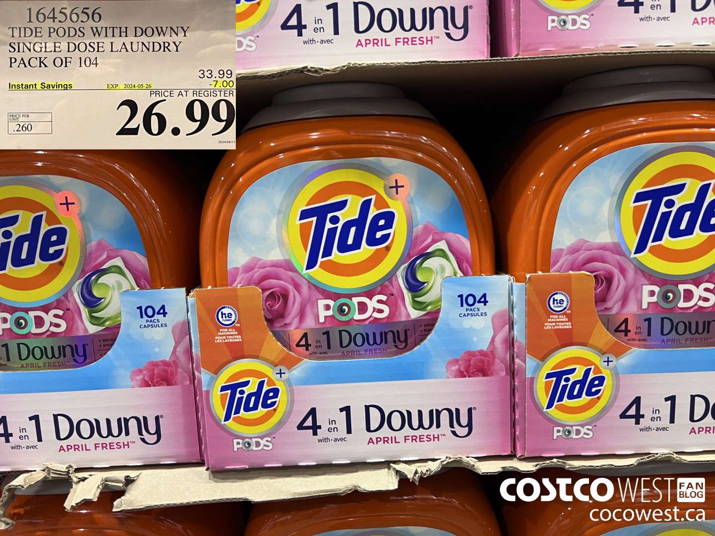 1645656 TIDE PODS WITH DOWNY SINGLE DOSE LAUNDRY 104 PACS ($7.00 INSTANT SAVINGS EXPIRES ON 2024-05-26) $26.99
