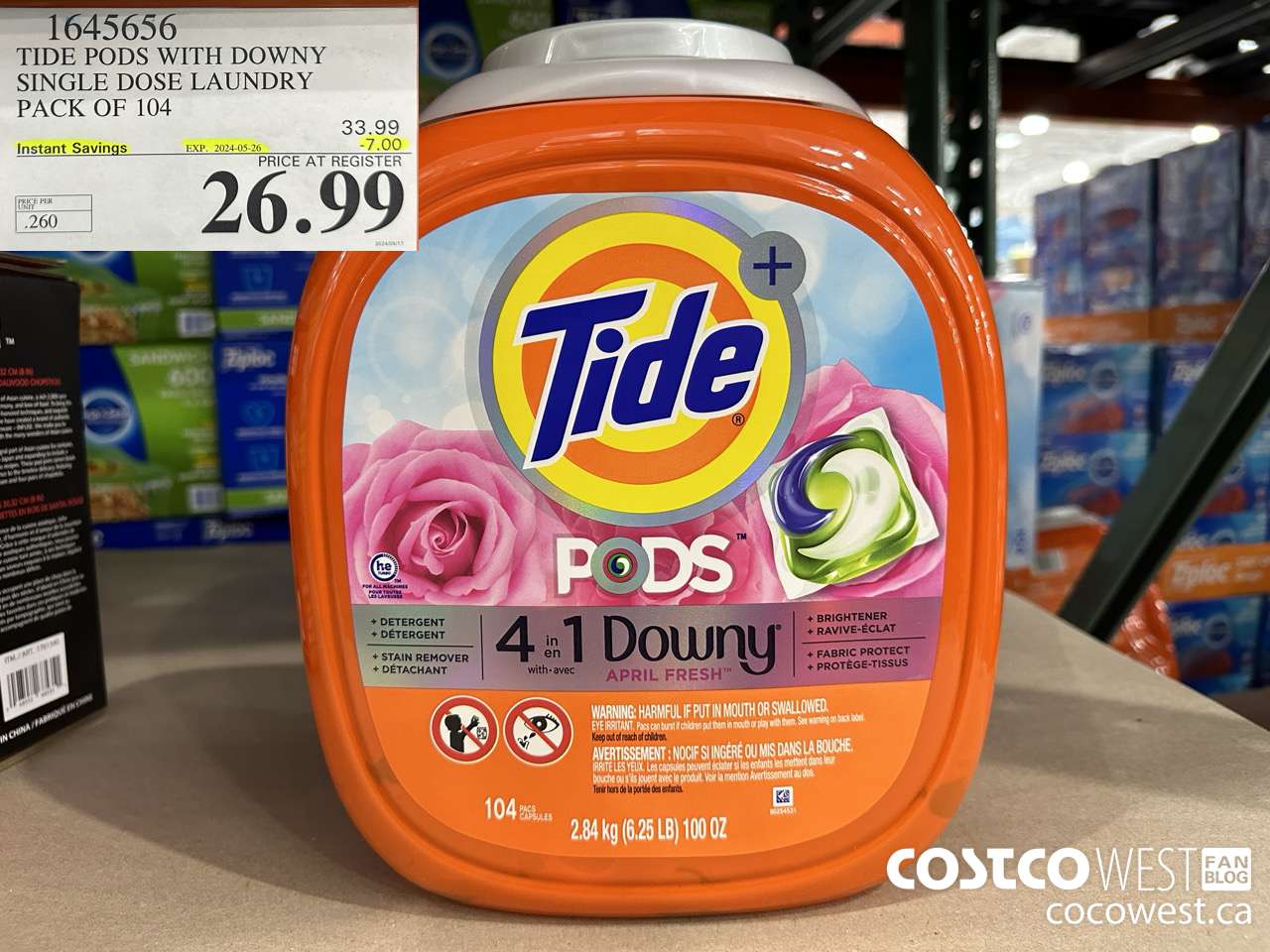 1645656 TIDE PODS WITH DOWNY SINGLE DOSE LAUNDRY 104 PACS ($7.00 INSTANT SAVINGS EXPIRES ON 2024-05-26) $26.99