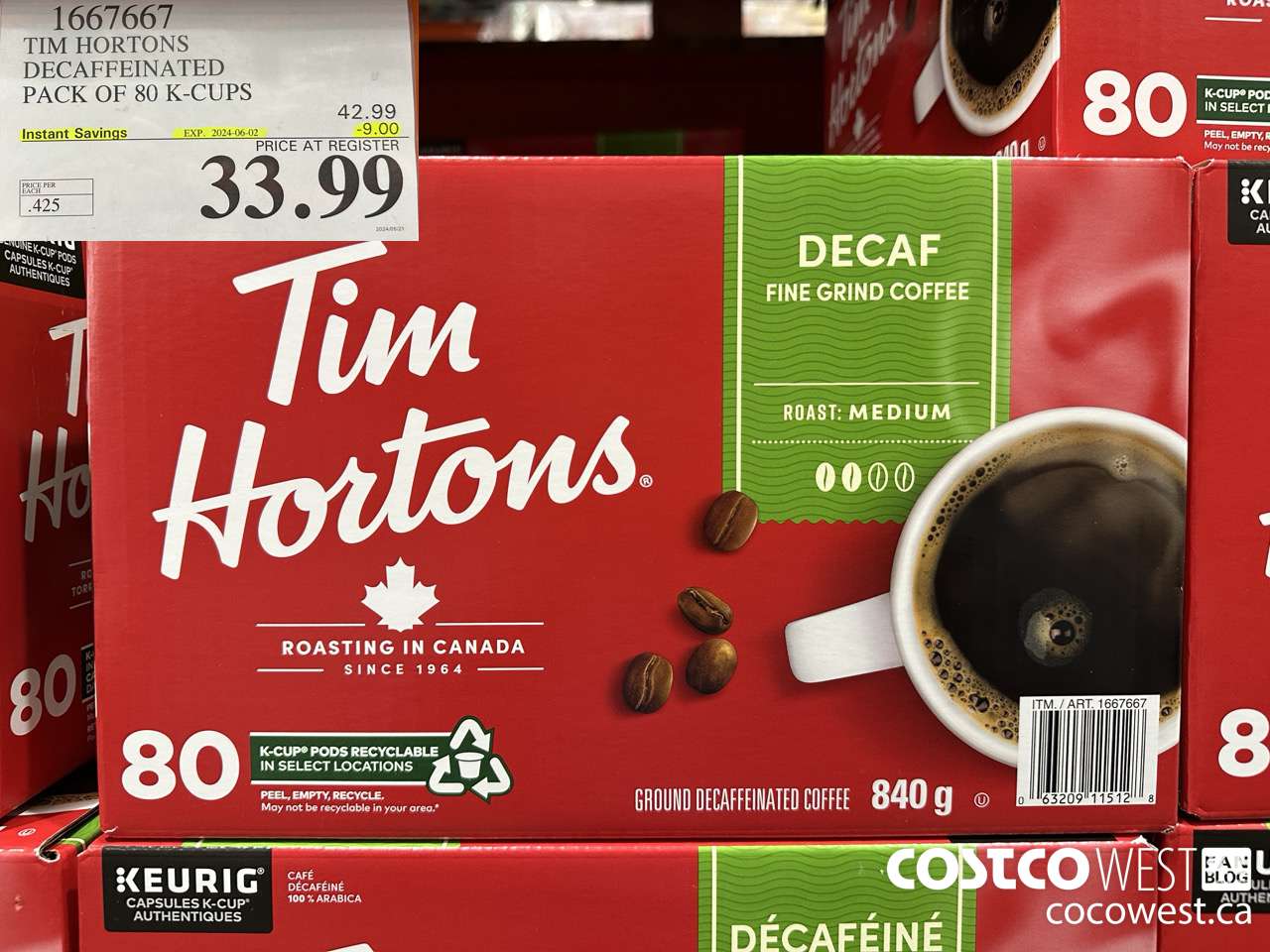1667667 TIM HORTONS DECAFFEINATED K-CUPS 80 COUNT ($9.00 INSTANT SAVINGS EXPIRES ON 2024-06-02) $33.99
