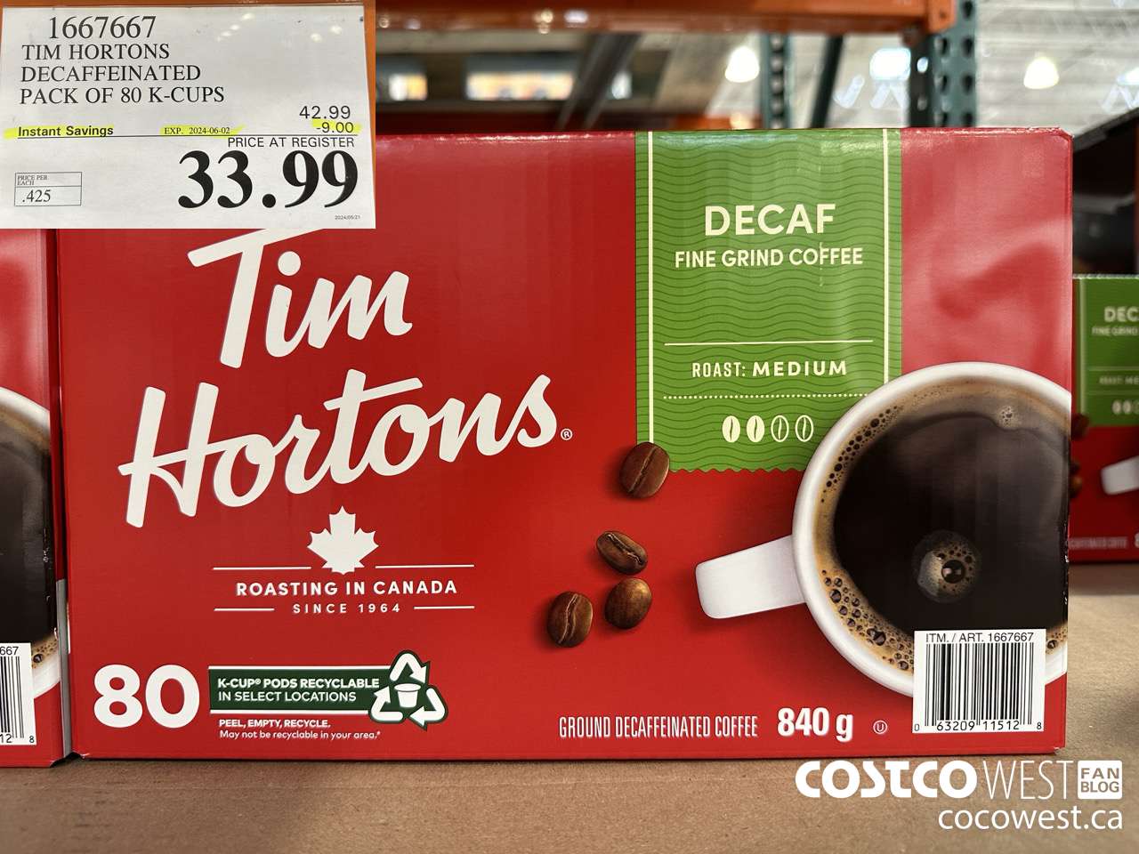1667667 TIM HORTONS DECAFFEINATED K-CUPS 80 COUNT ($9.00 INSTANT SAVINGS EXPIRES ON 2024-06-02) $33.99