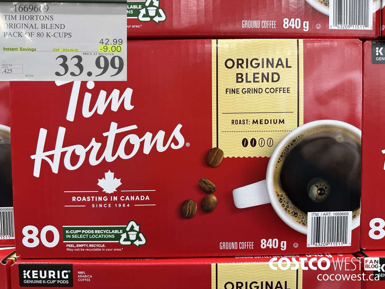 1669669 TIM HORTONS ORIGINAL BLEND K-CUPS 80 COUNT ($9.00 INSTANT SAVINGS EXPIRES ON 2024-06-02) $33.99