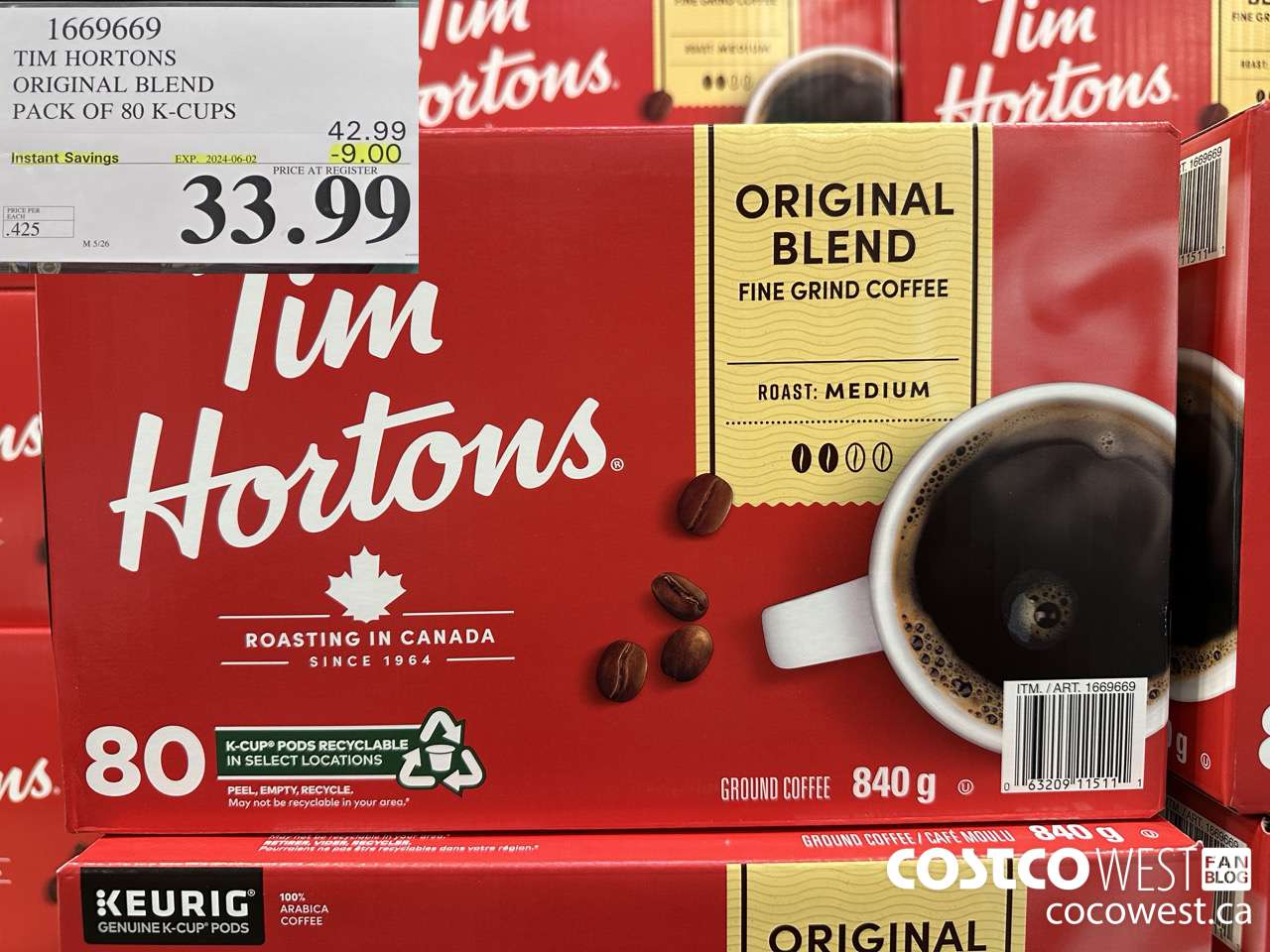 1669669 TIM HORTONS ORIGINAL BLEND K-CUPS 80 COUNT ($9.00 INSTANT SAVINGS EXPIRES ON 2024-06-02) $33.99