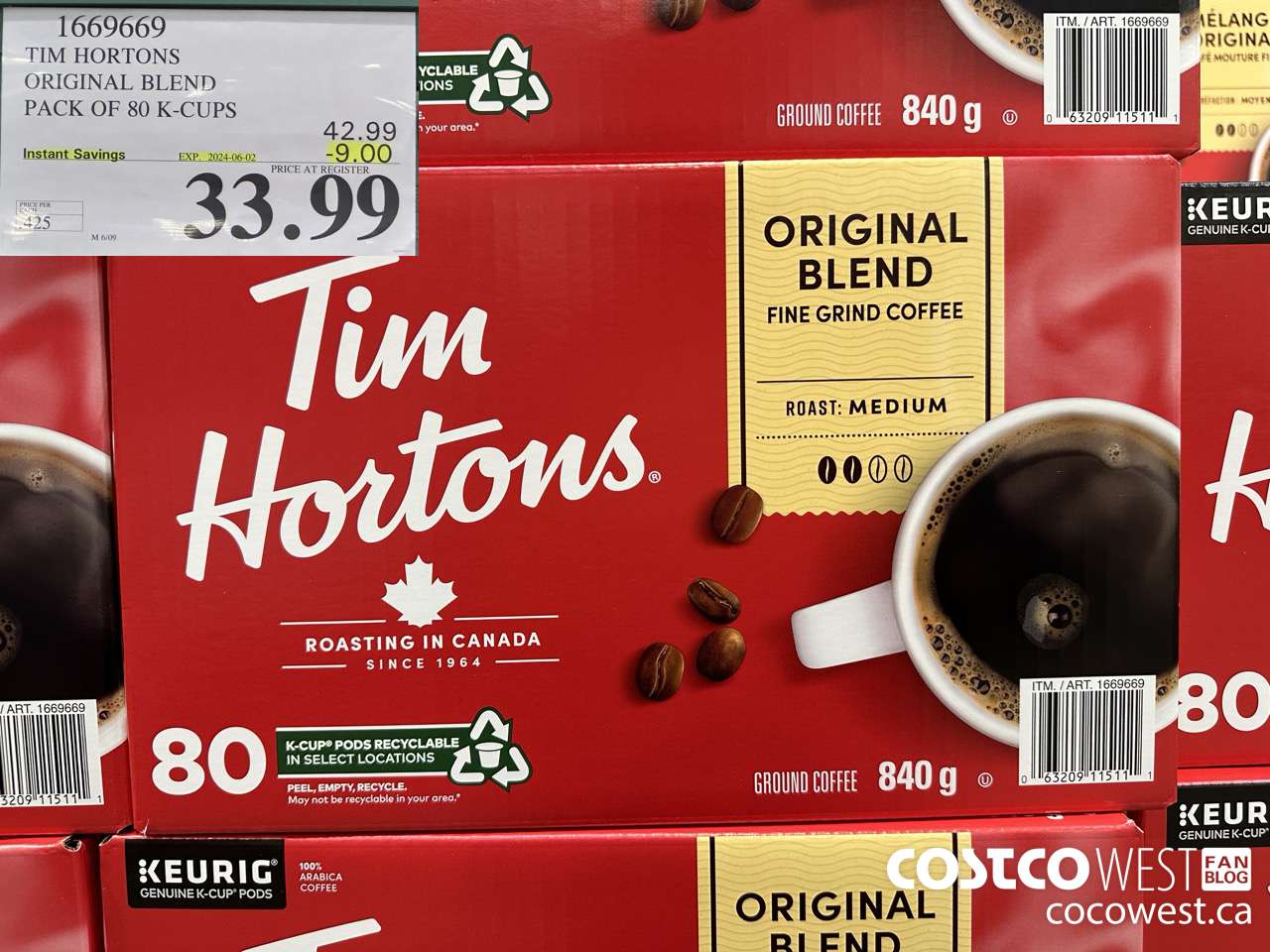 1669669 TIM HORTONS ORIGINAL BLEND K-CUPS 80 COUNT ($9.00 INSTANT SAVINGS EXPIRES ON 2024-06-02) $33.99