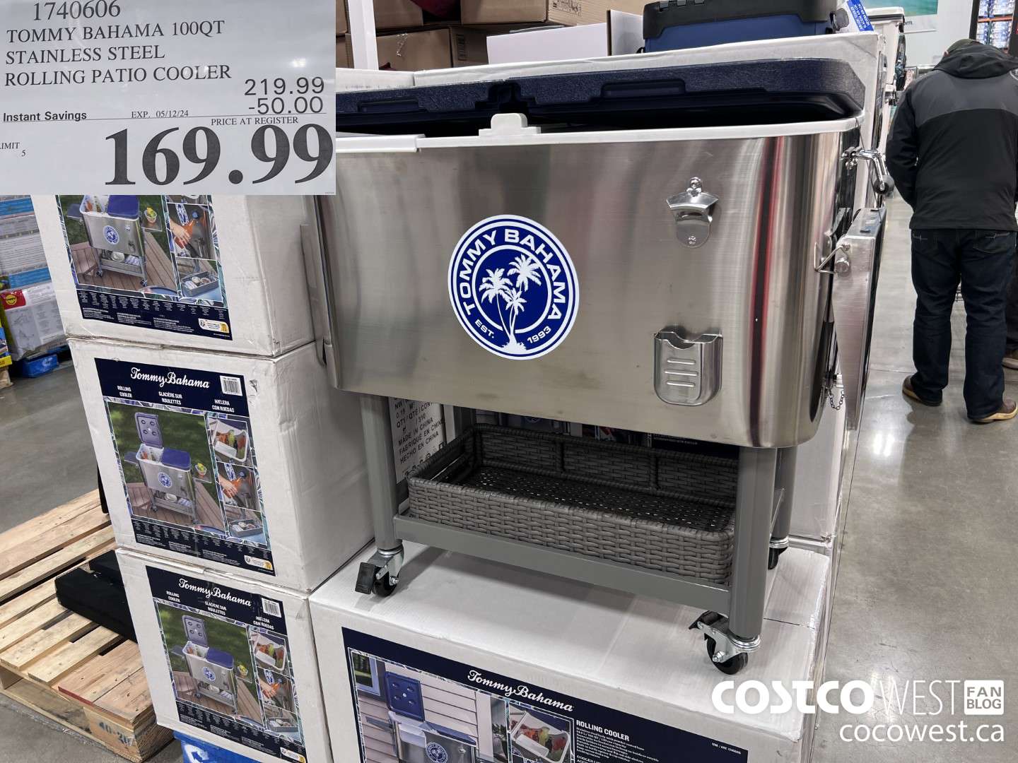 1740606 TOMMY BAHAMA 100QT STAINLESS STEEL ROLLING PATIO COOLER ($50.00 INSTANT SAVINGS EXPIRES ON 2024-05-12) $169.99