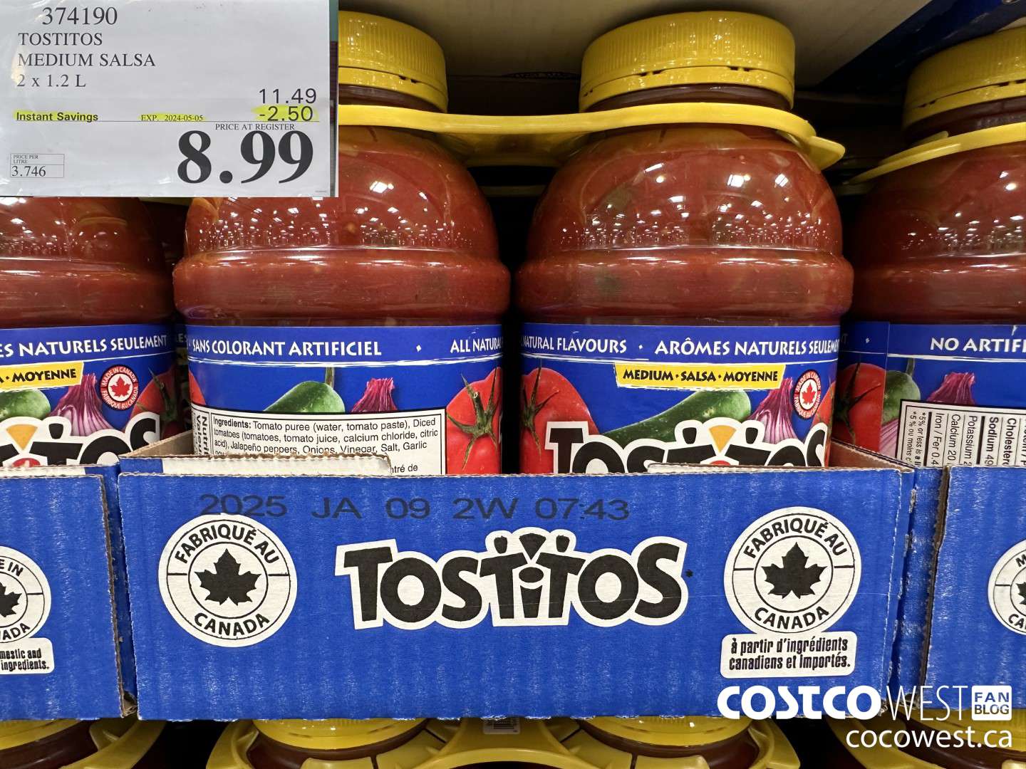 374190 TOSTITOS MEDIUM SALSA 2 X 1.2 L ($2.50 INSTANT SAVINGS EXPIRES ON 2024-05-05) $8.99
