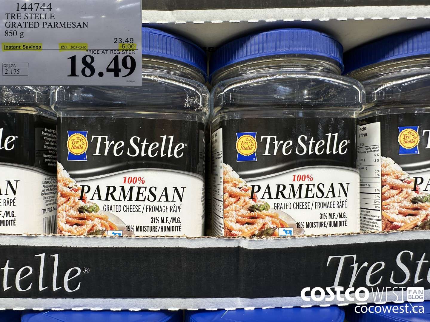 144744 TRE STELLE GRATED PARMESAN 850 g ($5.00 INSTANT SAVINGS EXPIRES ON 2024-05-05) $18.49