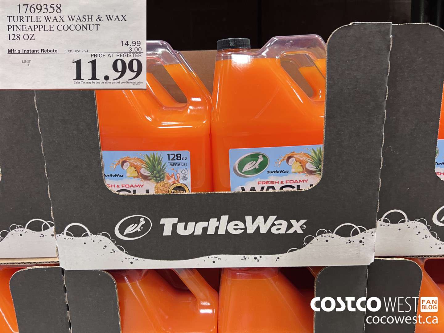 1769358 TURTLE WAX WASH & WAX PINEAPPLE COCONUT 128 OZ ($3.00 INSTANT SAVINGS EXPIRES ON 2024-05-12) $11.99
