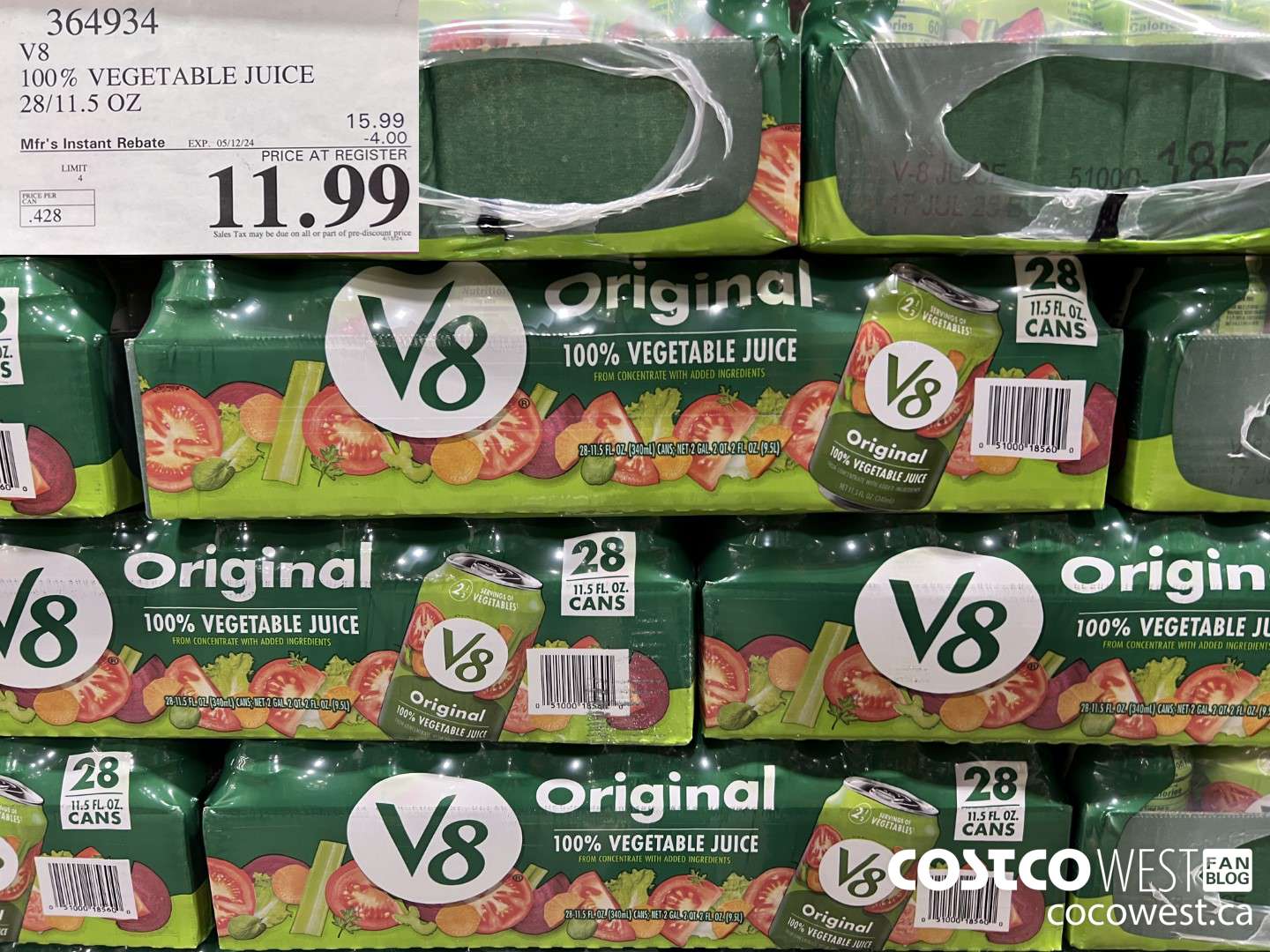 364934 V8 100% VEGETABLE JUICE 28/11.5 OZ ($4.00 INSTANT SAVINGS EXPIRES ON 2024-05-12) $11.99