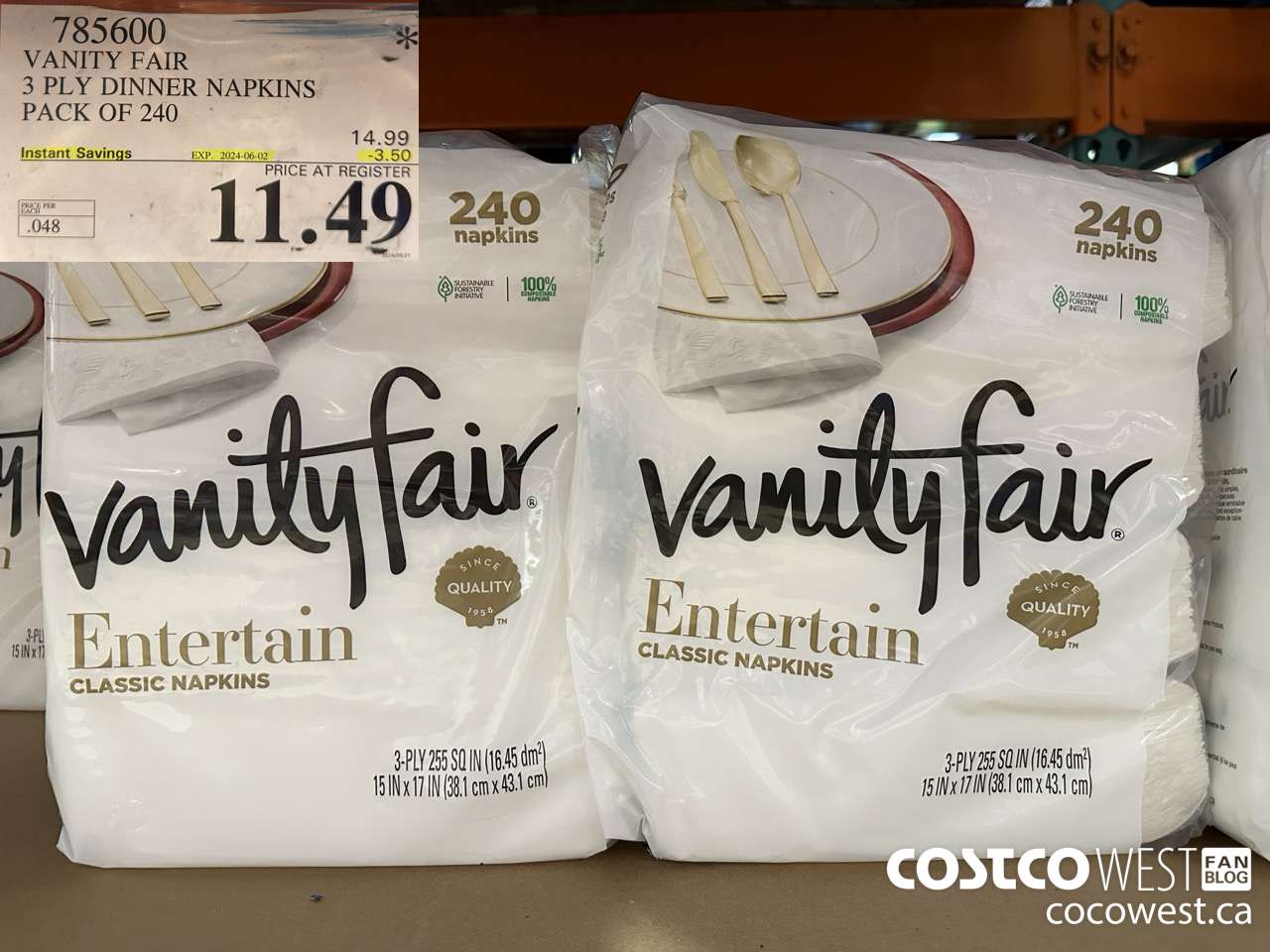 785600 VANITY FAIR 3 PLY DINNER NAPKINS PACK OF 240 ($3.50 INSTANT SAVINGS EXPIRES ON 2024-06-02) $11.49