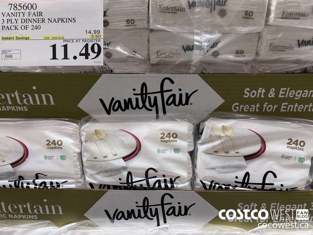 785600 VANITY FAIR 3 PLY DINNER NAPKINS PACK OF 240 ($3.50 INSTANT SAVINGS EXPIRES ON 2024-06-02) $11.49