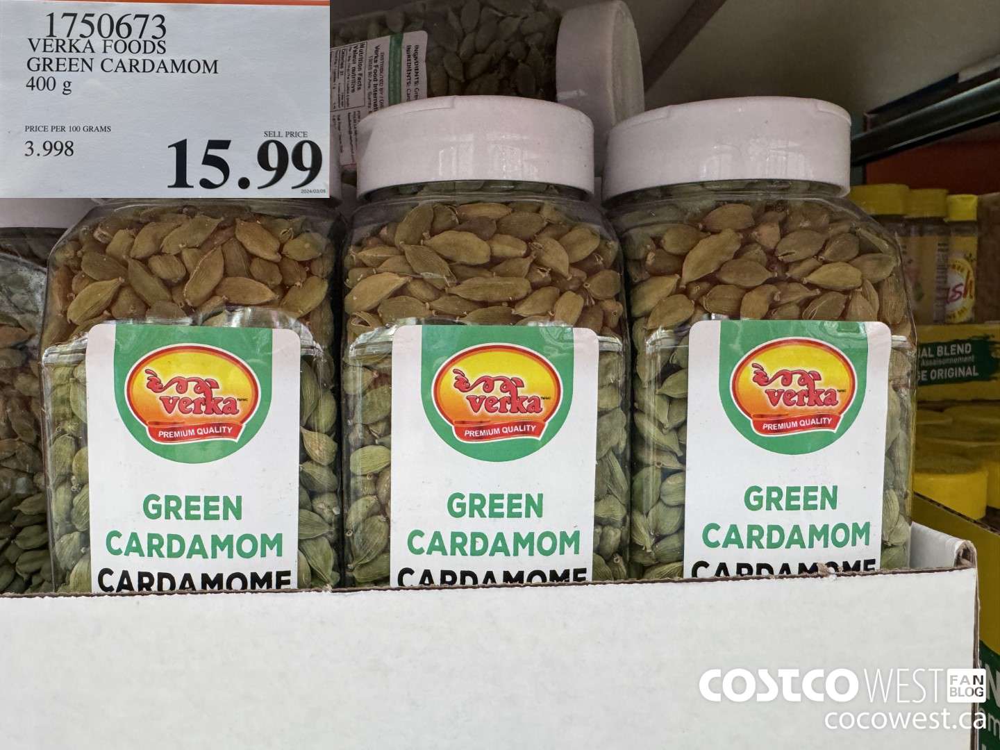 1750673 VERKA FOODS GREEN CARDAMOM 400G $15.99