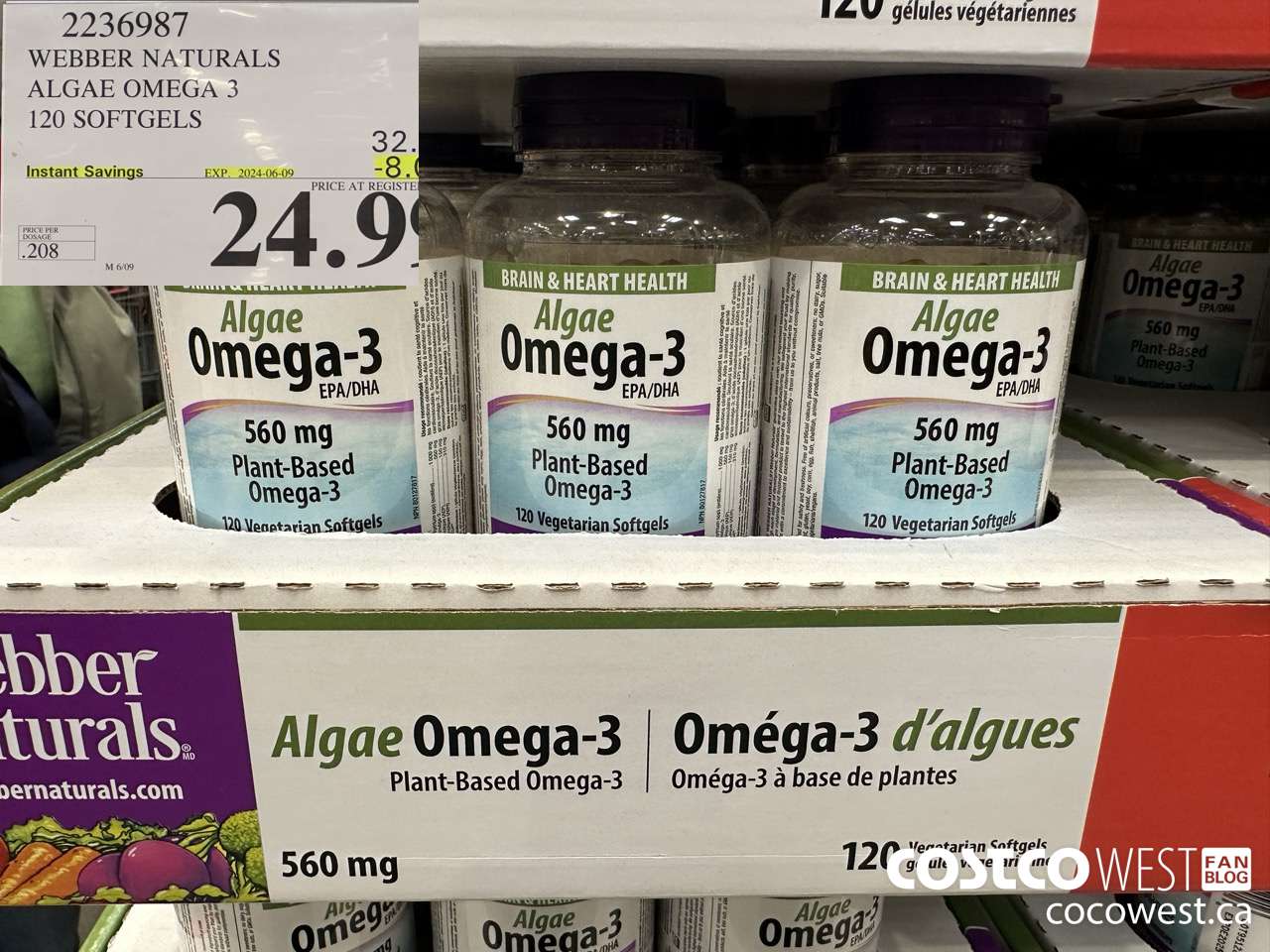 2236987 WEBBER NATURALS ALGAE OMEGA 3 120 SOFTGELS ($8.00 INSTANT SAVINGS EXPIRES ON 2024-06-09) $24.99