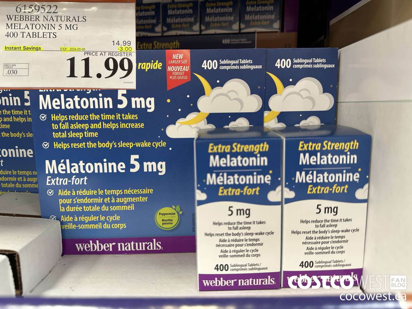 6159522 WEBBER NATURALS MELATONIN 5 MG 400 TABLETS ($3.00 INSTANT SAVINGS EXPIRES ON 2024-05-05) $11.99