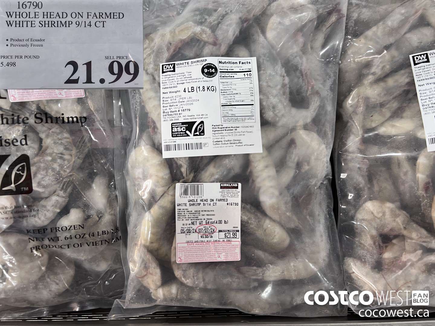 16790 WHOLE HEAD ON FARMED WHITE SHRIMP 9/14 CT $21.99