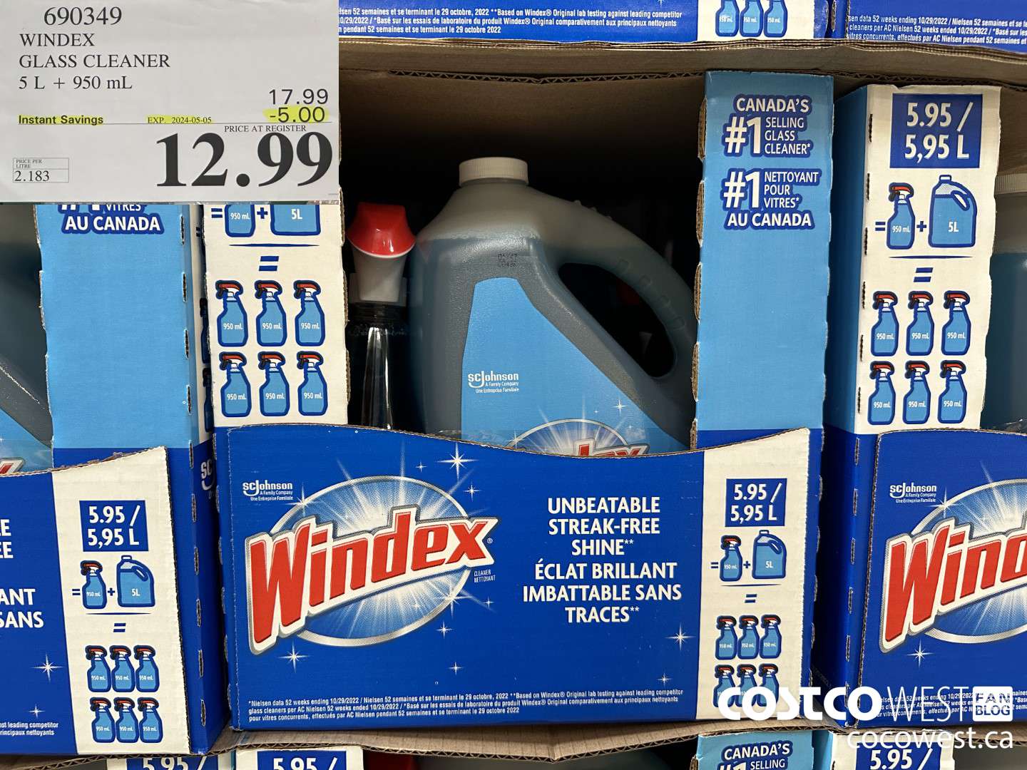 690349 WINDEX GLASS CLEANER 5L + 950ML ($5.00 INSTANT SAVINGS EXPIRES ON 2024-05-05) $12.99