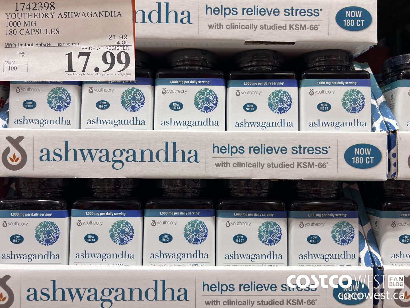 1742398 YOUTHEORY ASHWAGANDHA 1000 MG 180 CAPSULES ($4.00 INSTANT SAVINGS EXPIRES ON 2024-05-12) $17.99