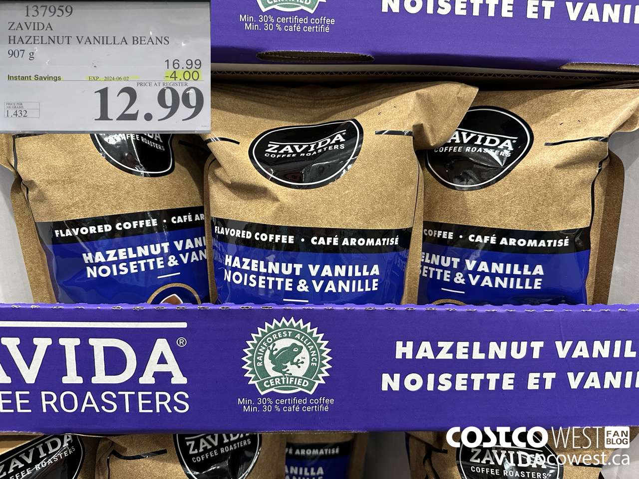 137959 ZAVIDA HAZELNUT VANILLA BEANS 907 g ($4.00 INSTANT SAVINGS EXPIRES ON 2024-06-02) $12.99