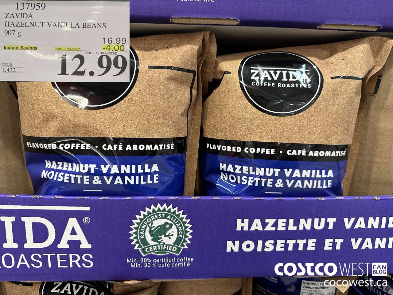 137959 ZAVIDA HAZELNUT VANILLA BEANS 907 g ($4.00 INSTANT SAVINGS EXPIRES ON 2024-06-02) $12.99