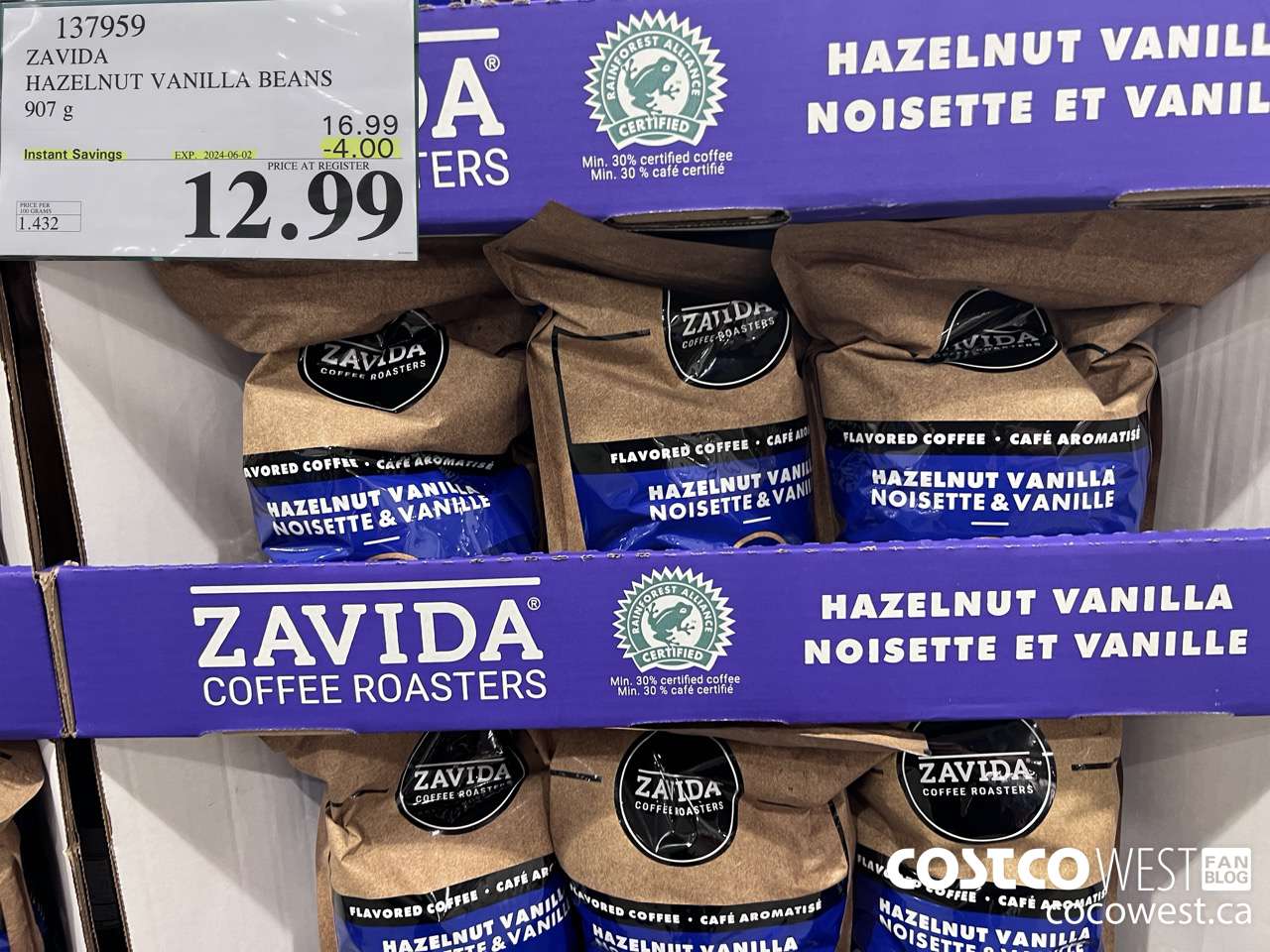 137959 ZAVIDA HAZELNUT VANILLA BEANS 907 g ($4.00 INSTANT SAVINGS EXPIRES ON 2024-06-02) $12.99