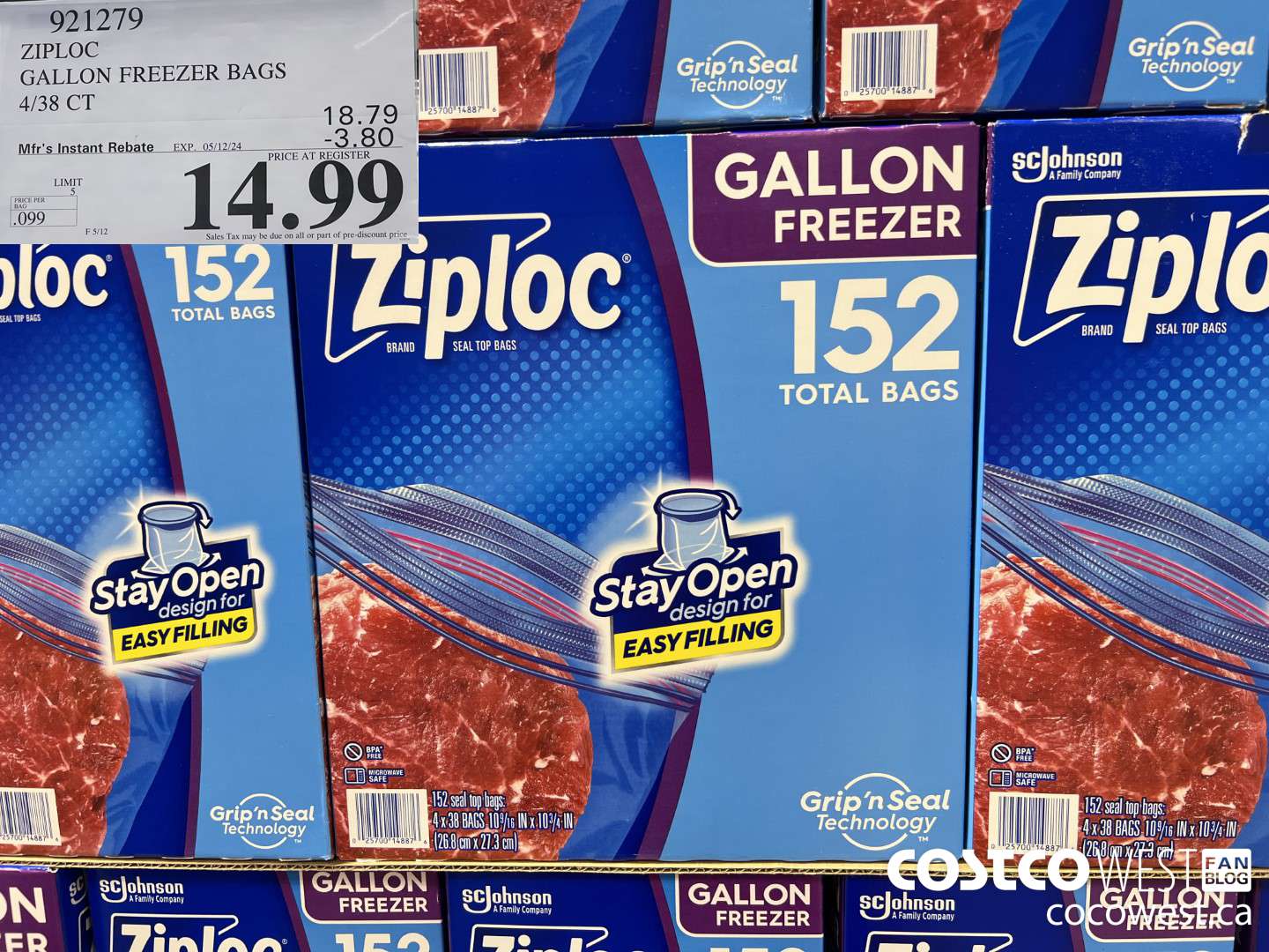 921279 ZIPLOC GALLON FEEZER BAGS 4/38CT ($3.80 INSTANT SAVINGS EXPIRES ON 2024-05-12) $14.99