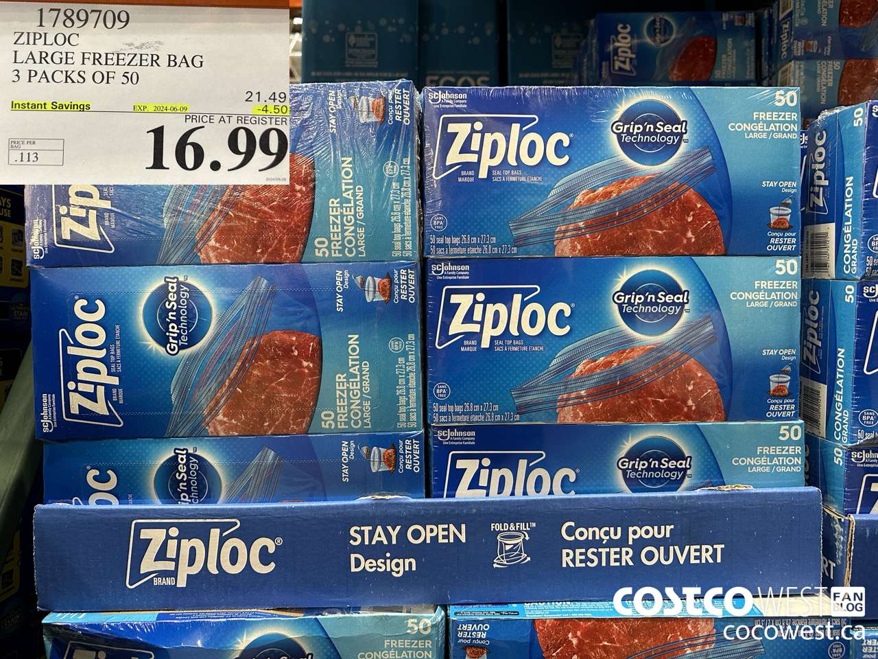 1789709 ZIPLOC LARGE FREEZER BAG 3 X 50 ($4.50 INSTANT SAVINGS EXPIRES ON 2024-06-09) $16.99